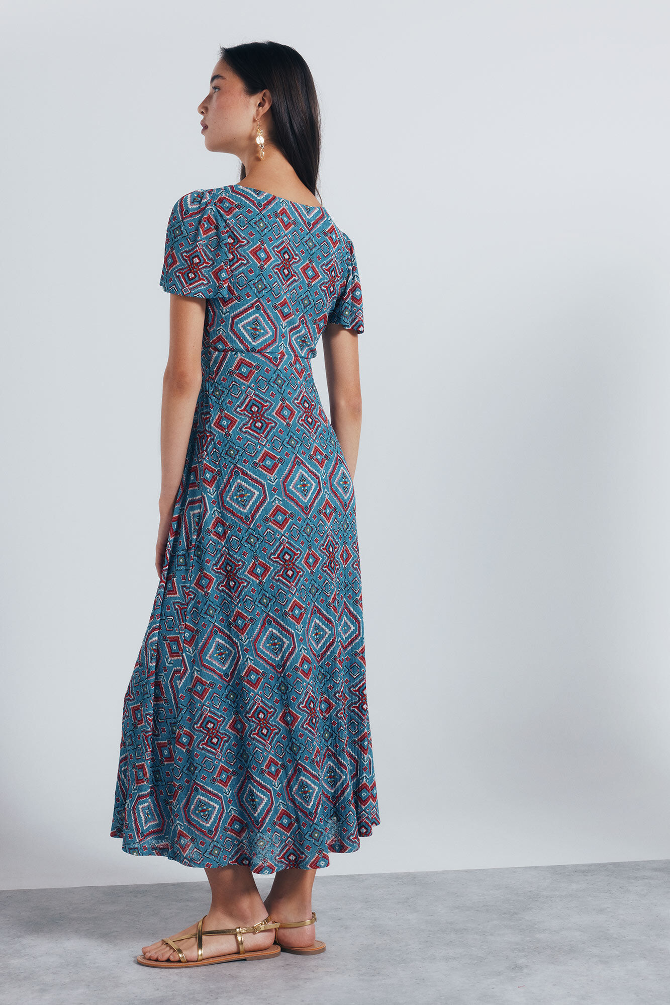 Springfield Vestido midi lace insertado estampado &eacute;tnico turquesa