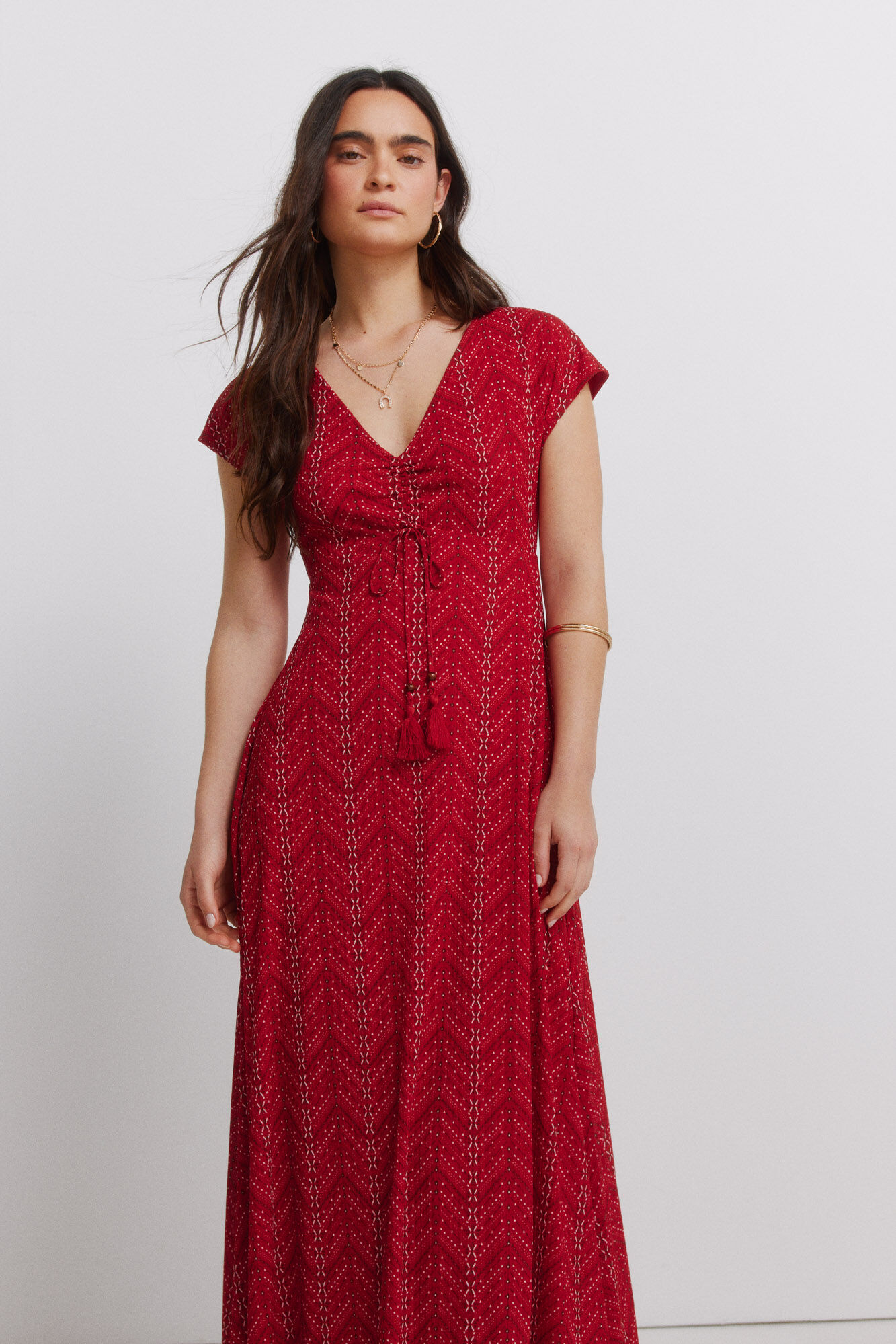 Springfield Vestido midi con frunces y lazo rojo