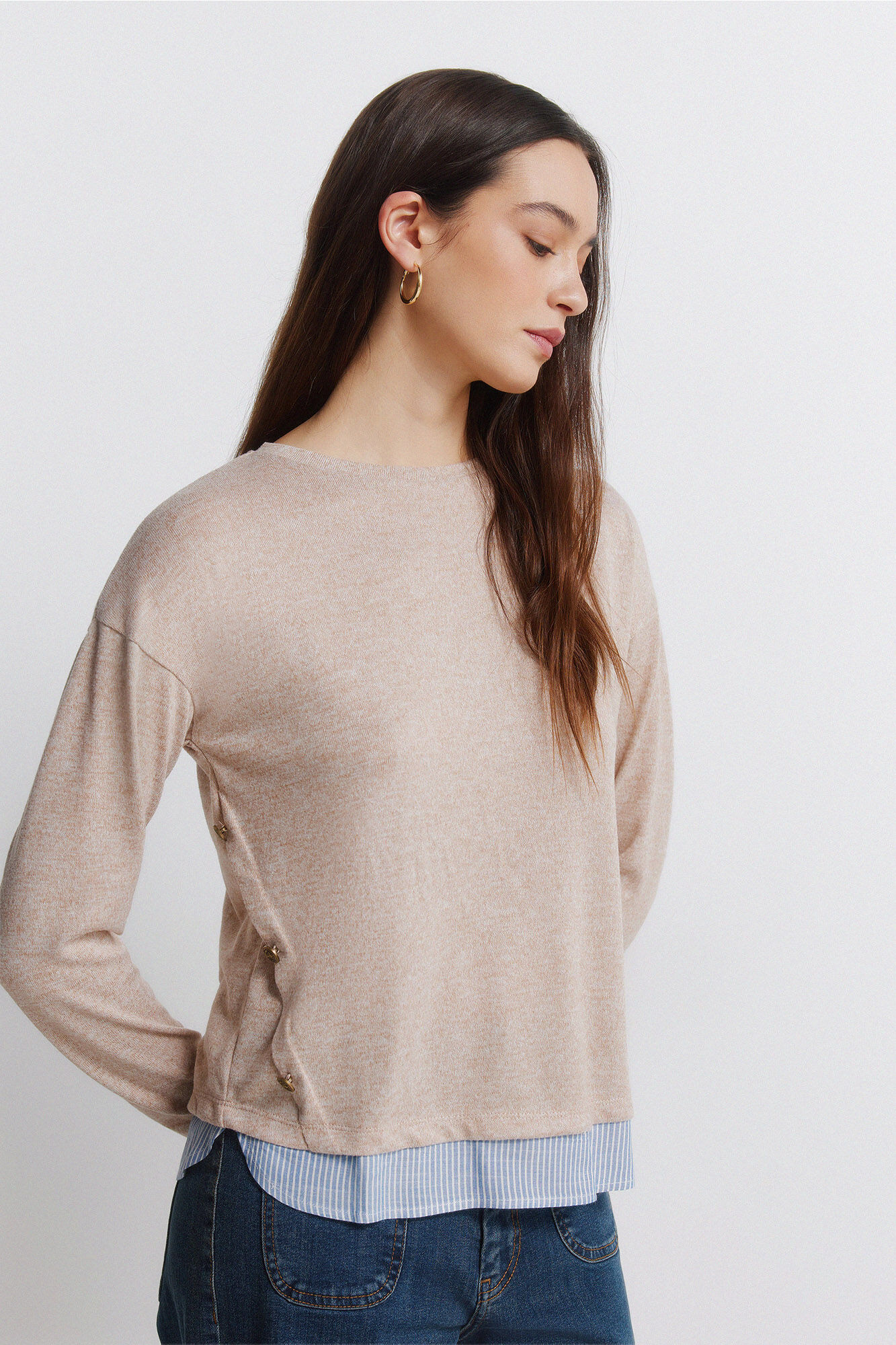 Springfield Playera combinada con botones laterales beige