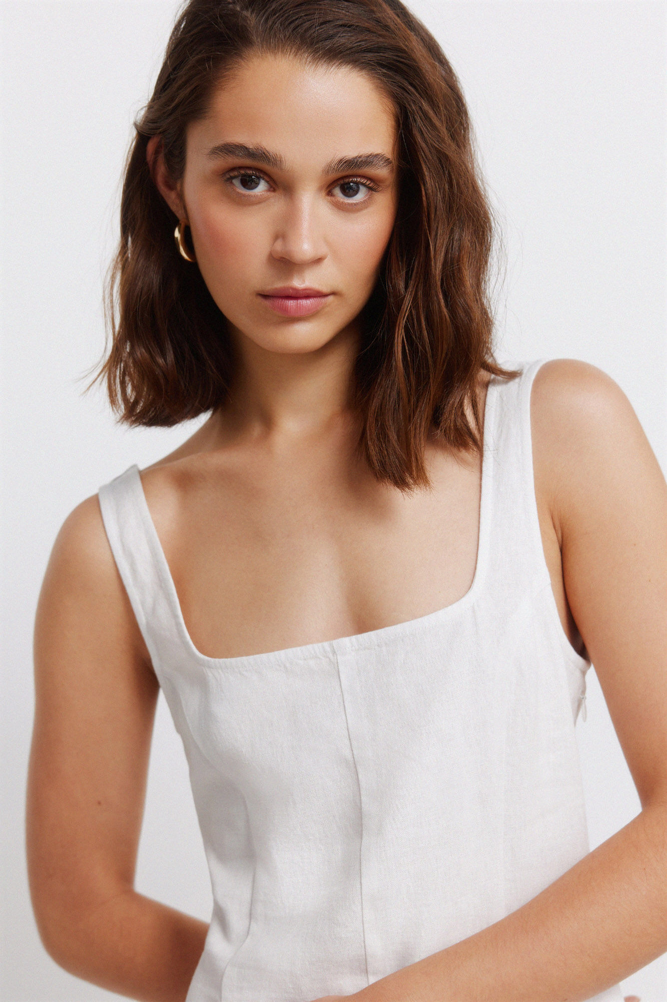Springfield Vestido de lino con escote cuadrado blanco