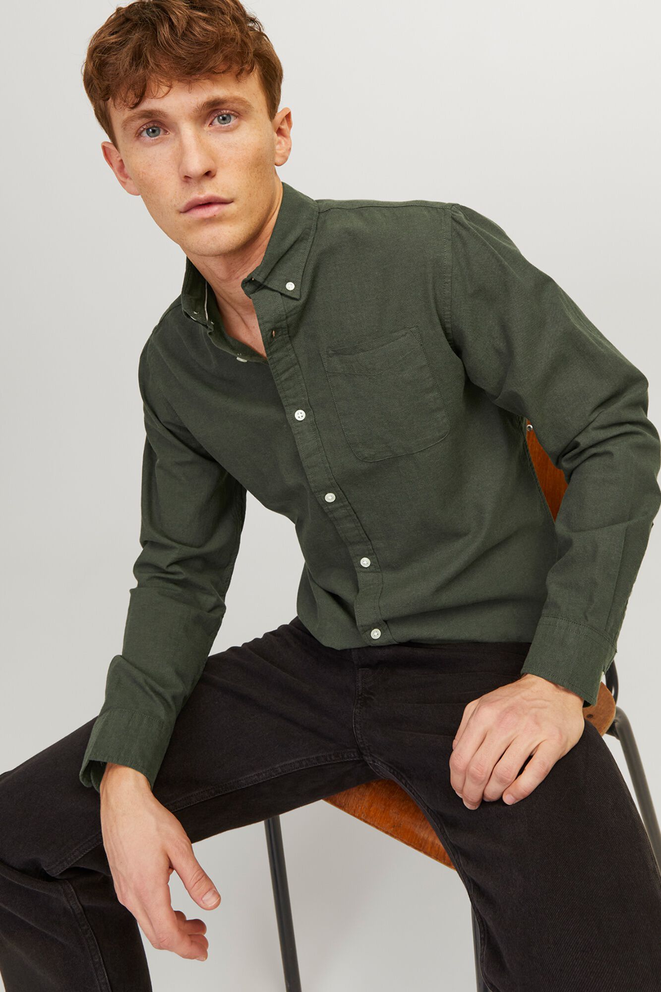 Jack & Jones Camisa oxford de algod&oacute;n verde
