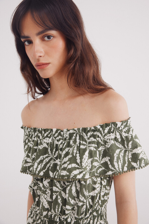 Springfield Vestido midi escote volante estampado verde