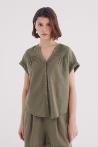 Springfield Blusa escote pico algodón lino kaki