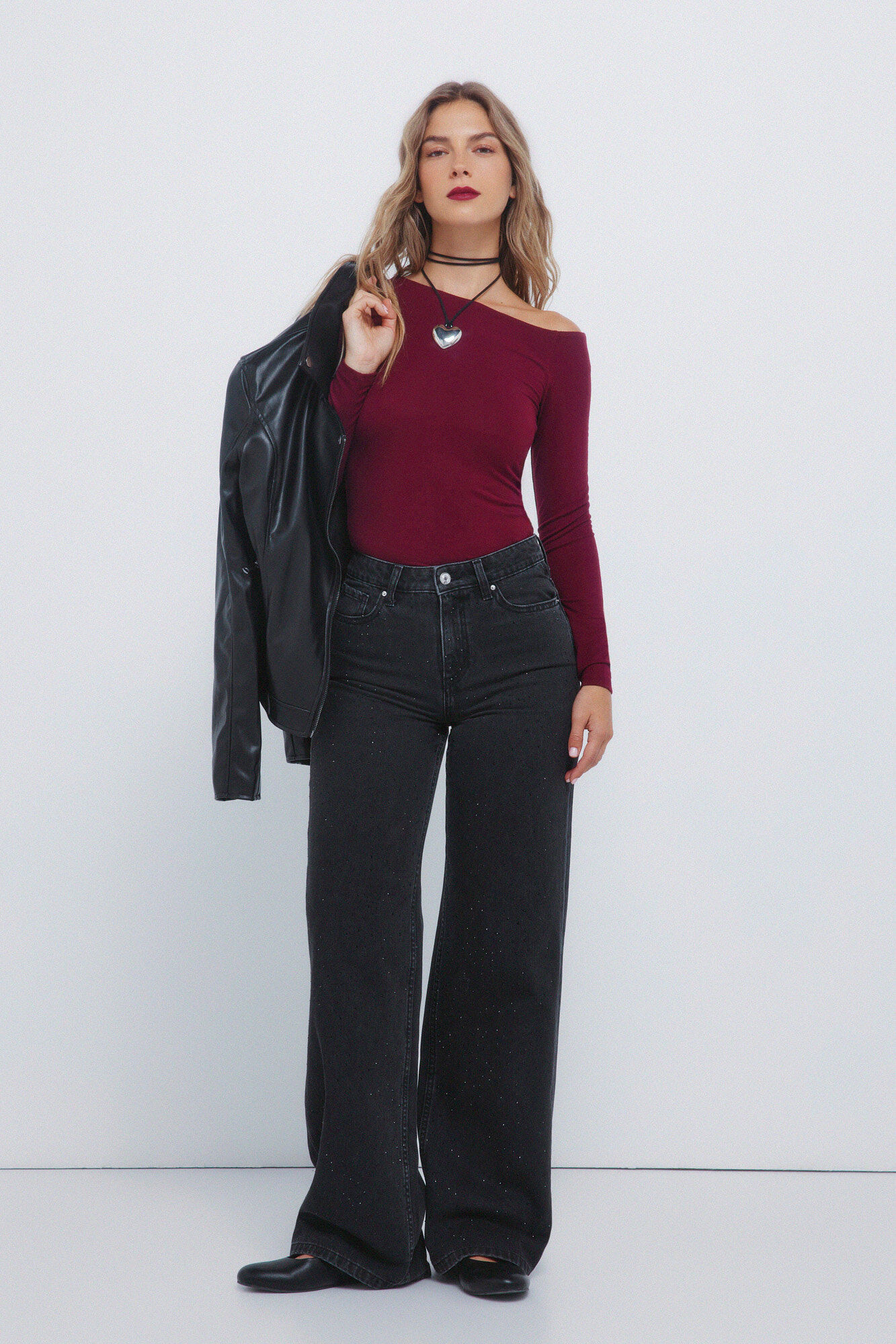 Springfield Jeans de pierna ancha con cristales brillantes