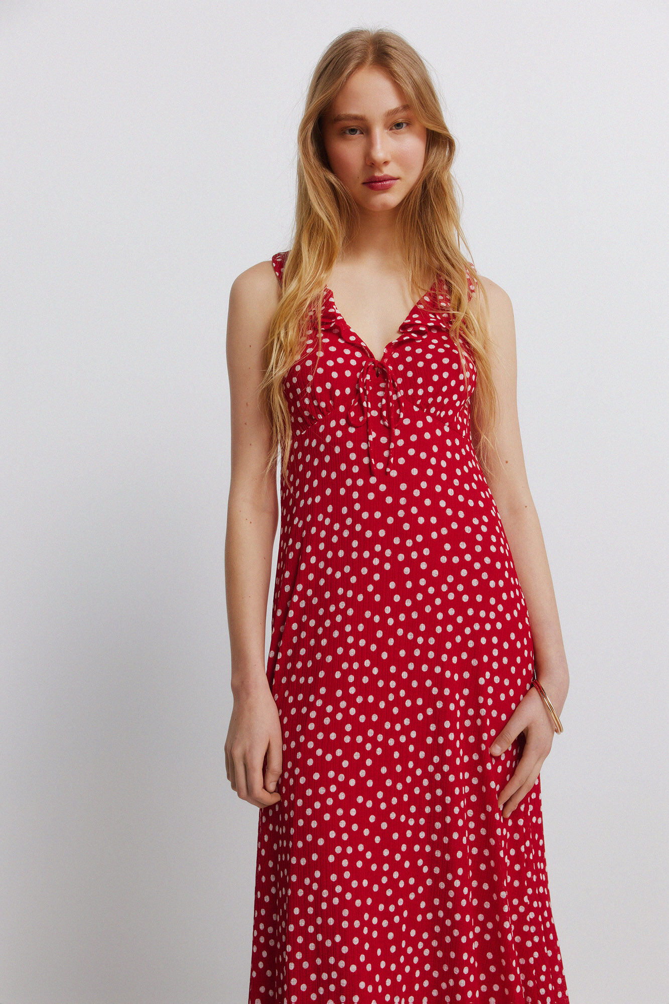 Springfield Vestido con volantes y lazo en el escote rojo