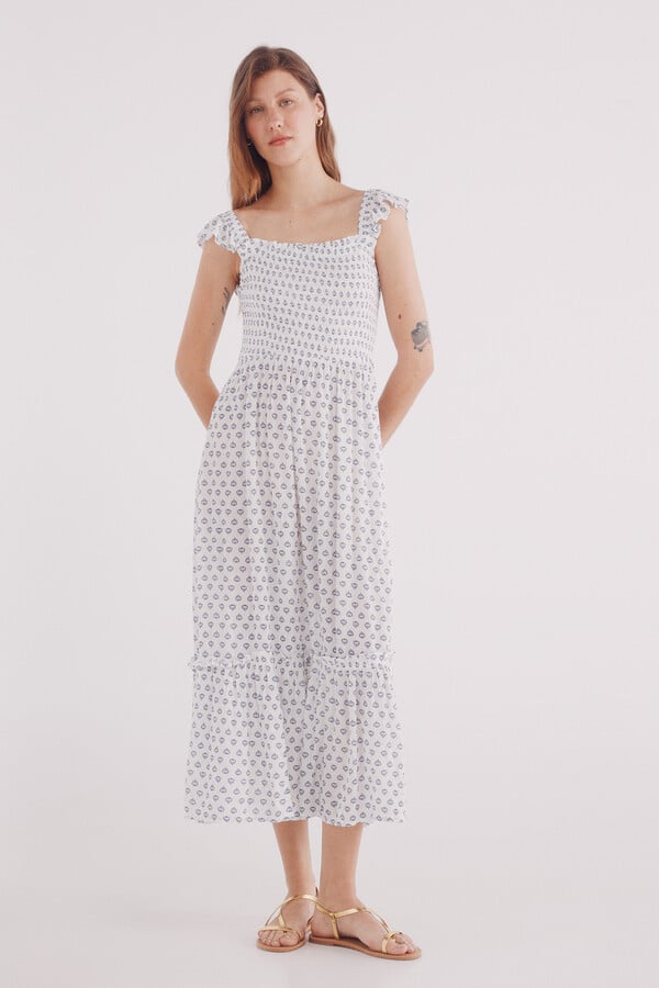 Springfield Vestido midi smock estampado lúrex marfil