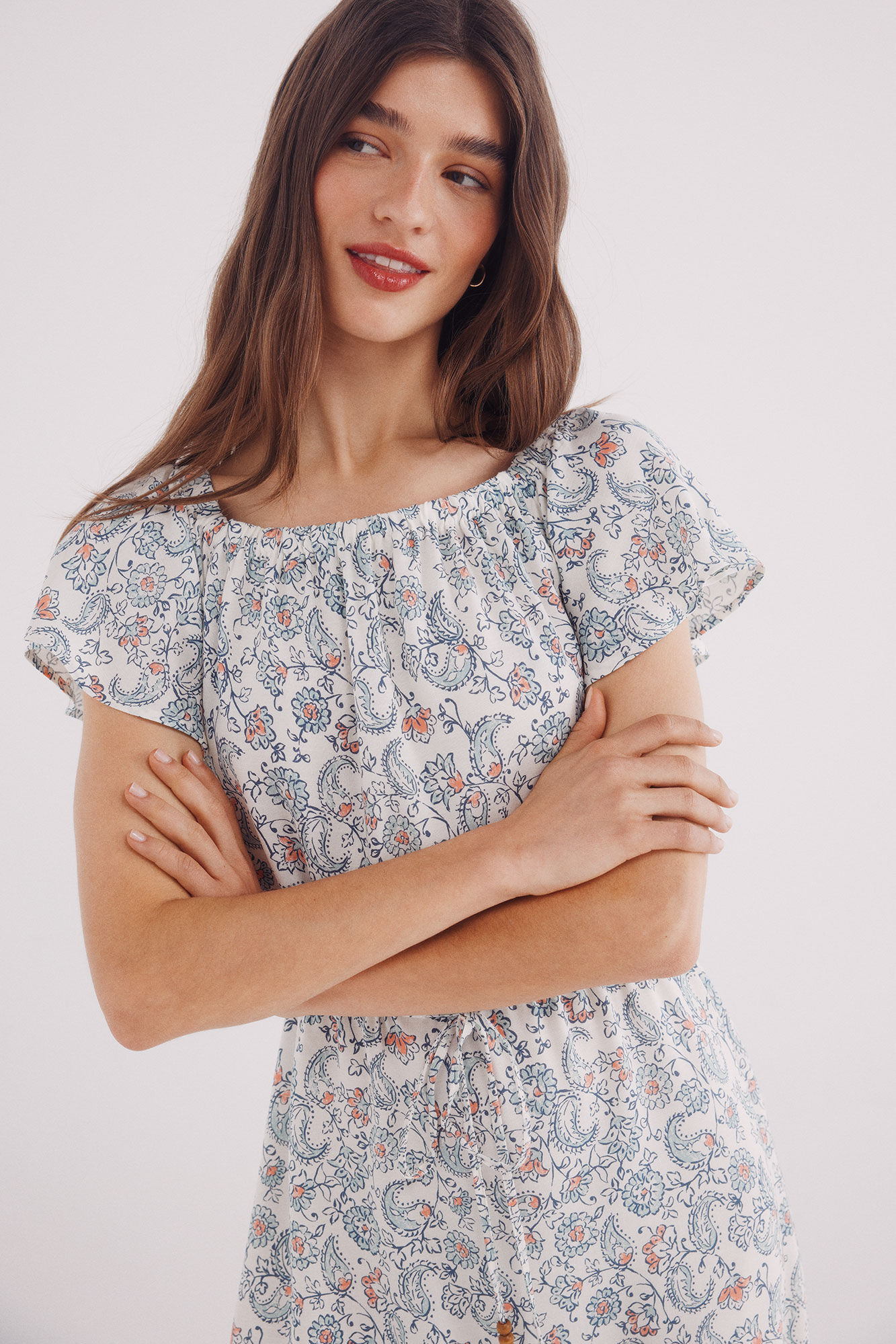 Springfield Vestido midi estampado escote hombros marfil