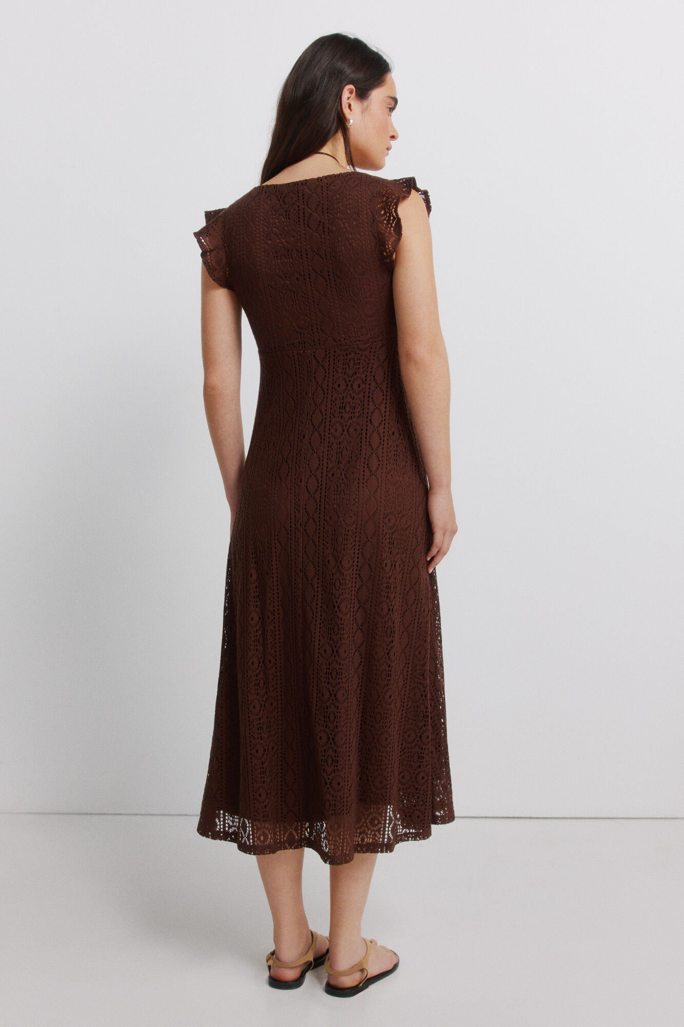 Springfield Vestido midi de manga corta con volantes caf&eacute;