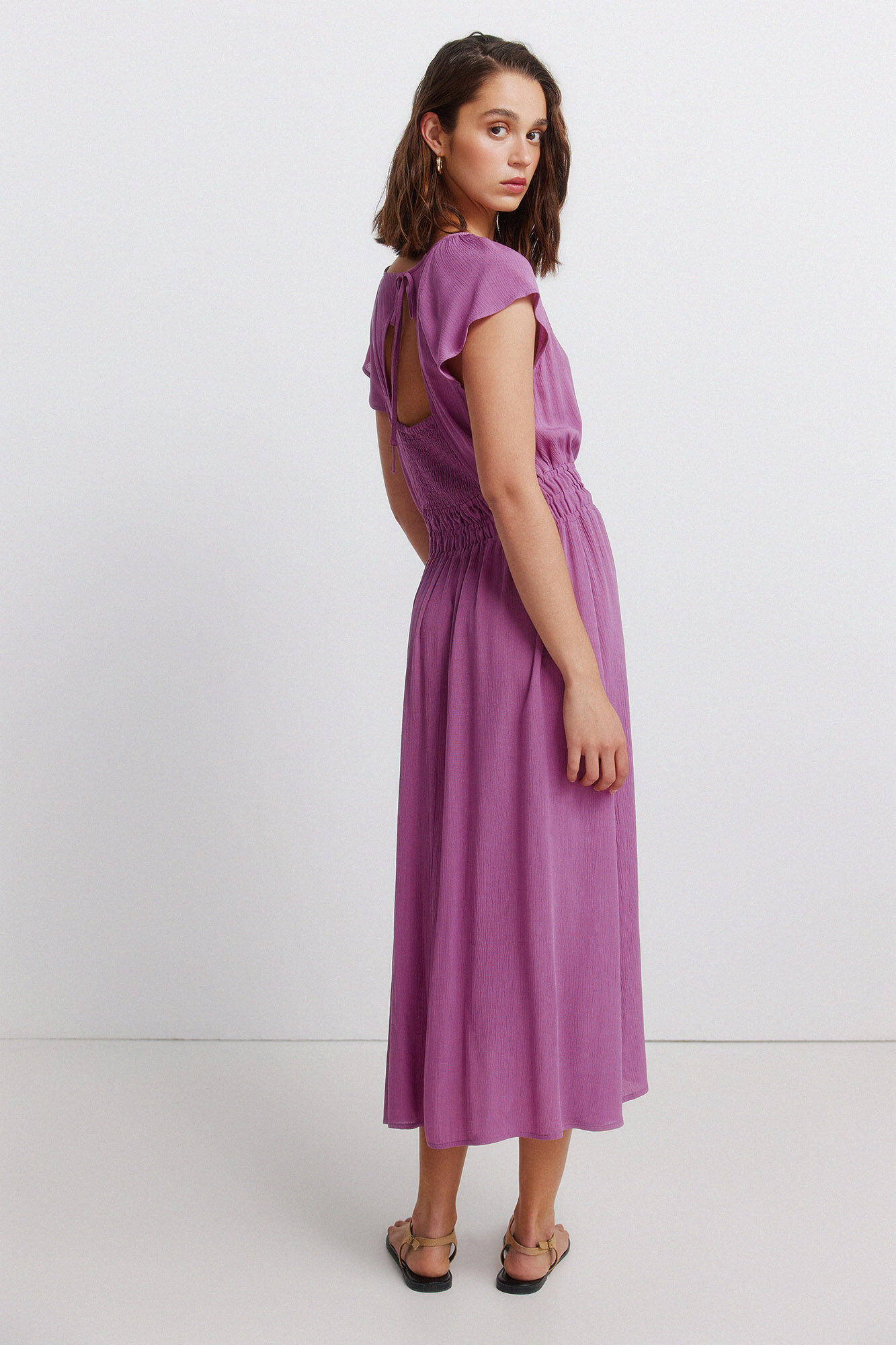 Springfield Vestido midi liso con el&aacute;stico en la cintura morado/lila
