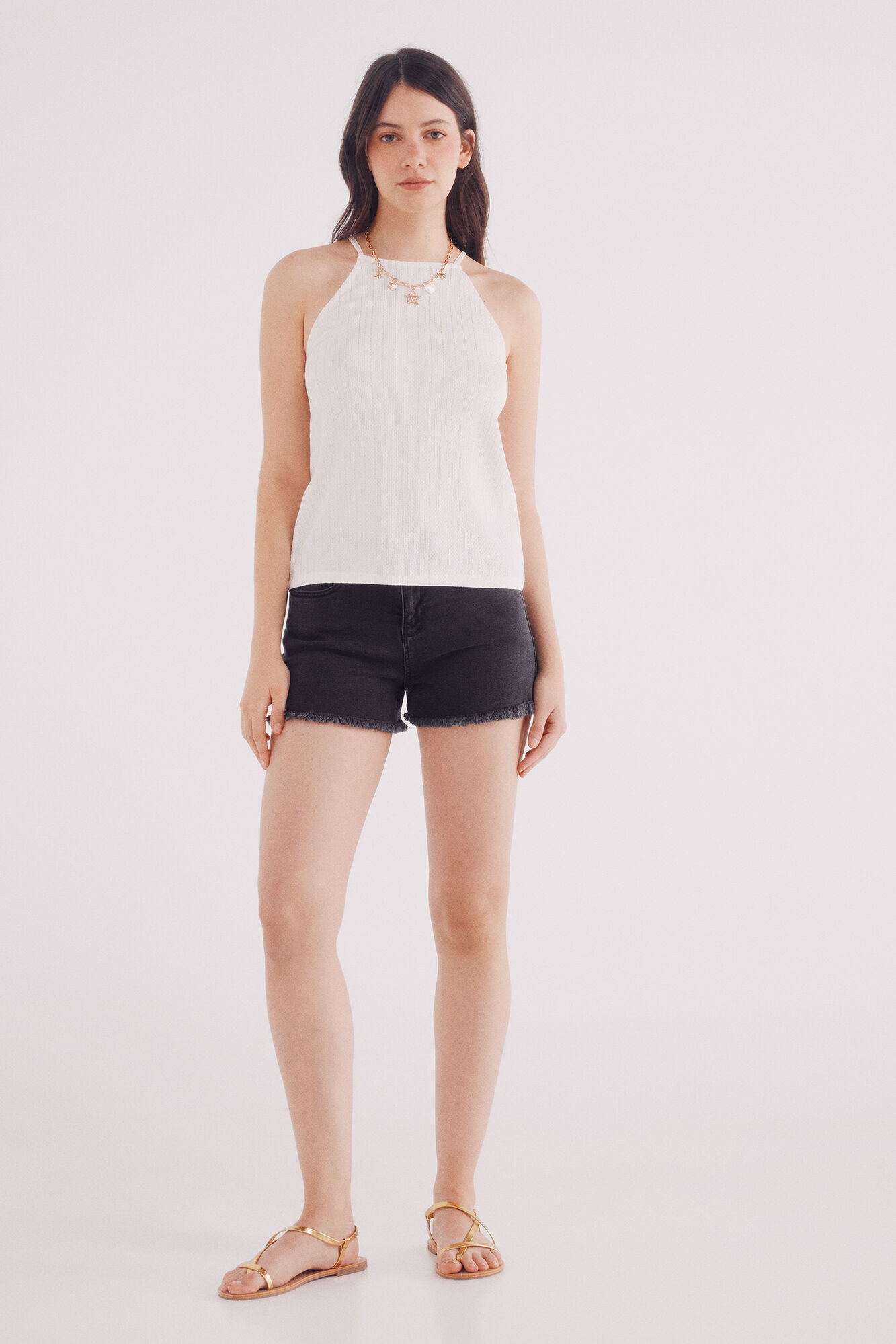 Springfield Top de cuello cuello halter con hilo dorado beige