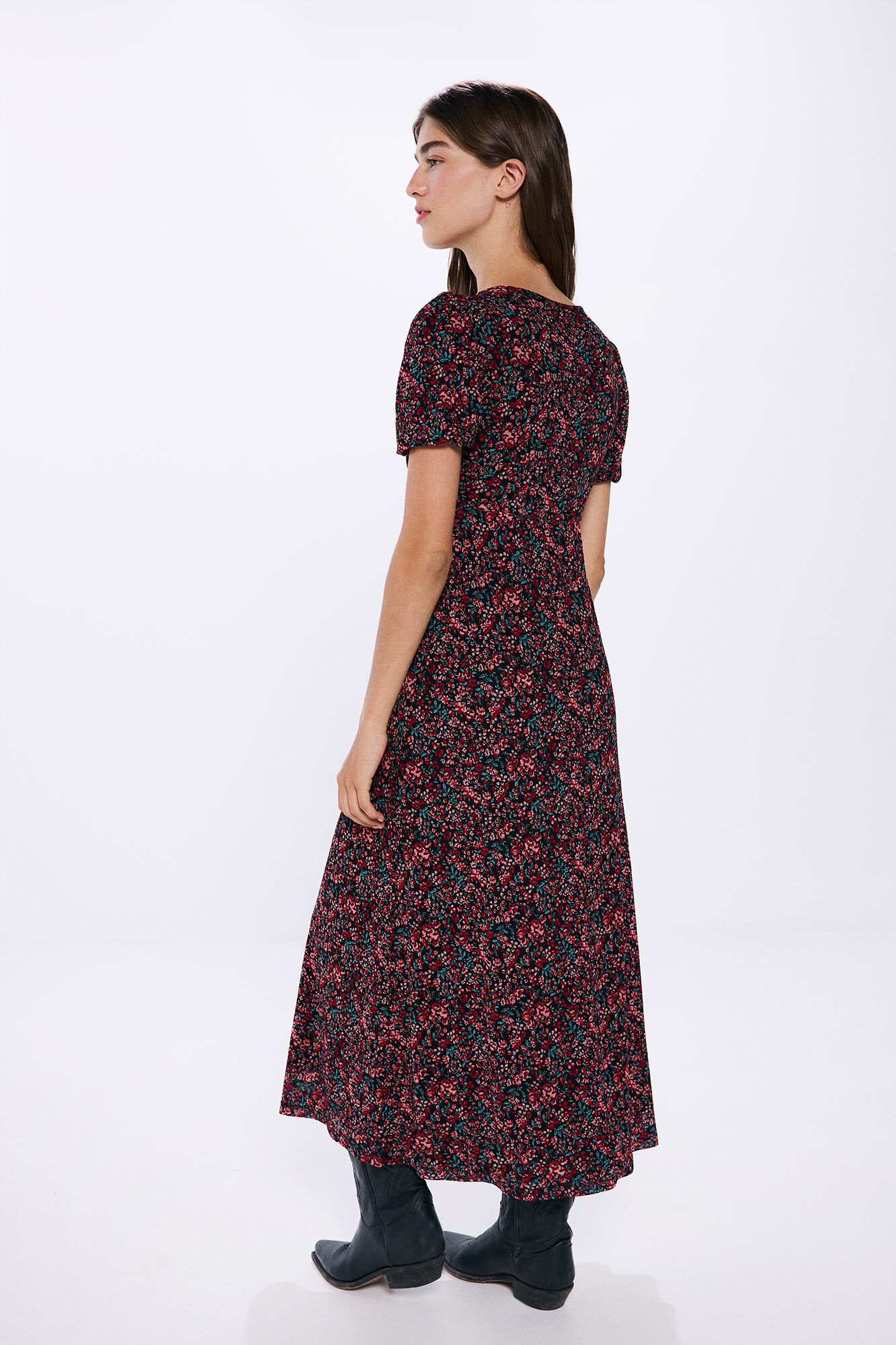 Springfield Vestido midi abertura escote estampado negro