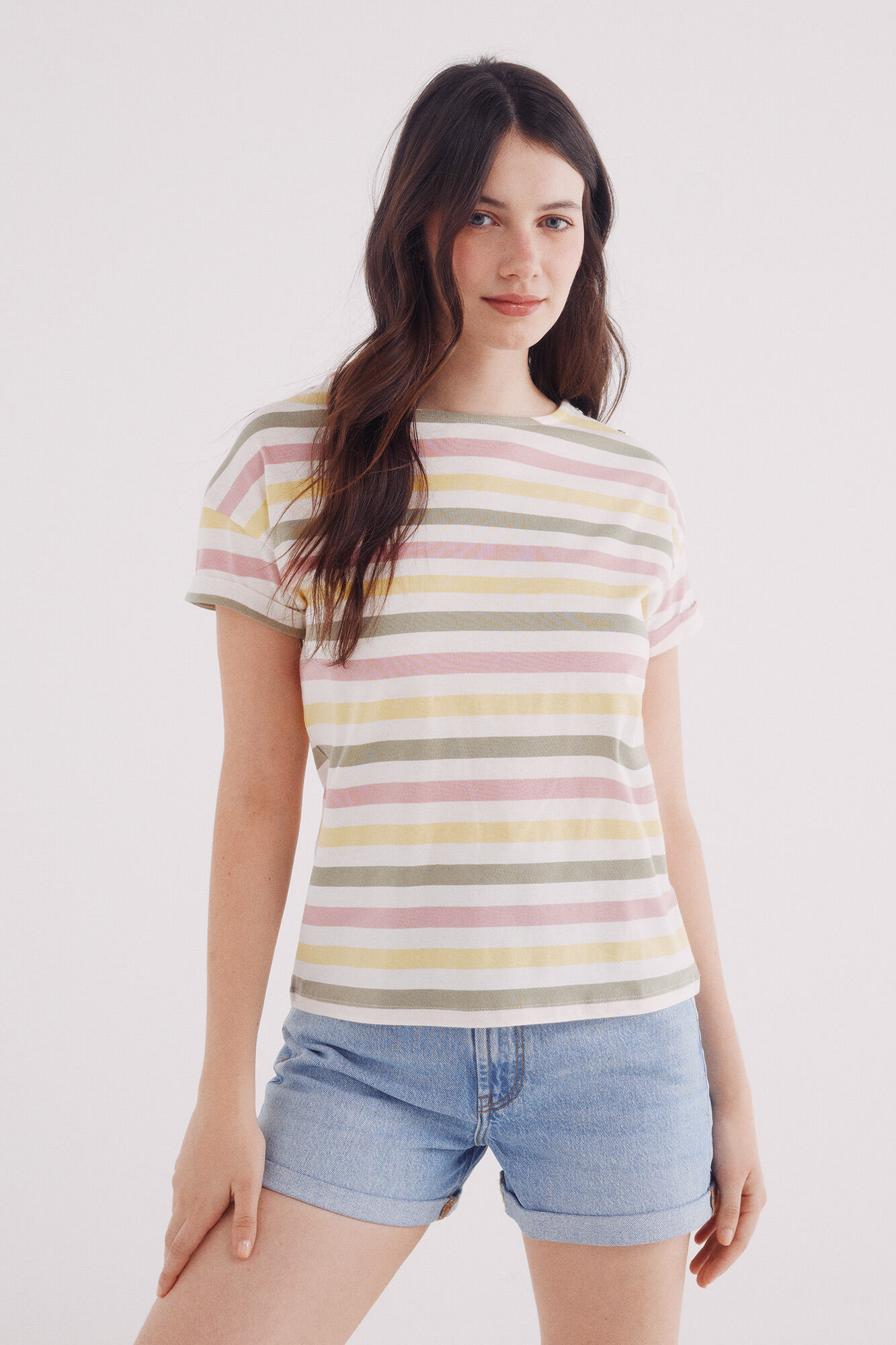 Springfield Playera rayas botones hombro beige