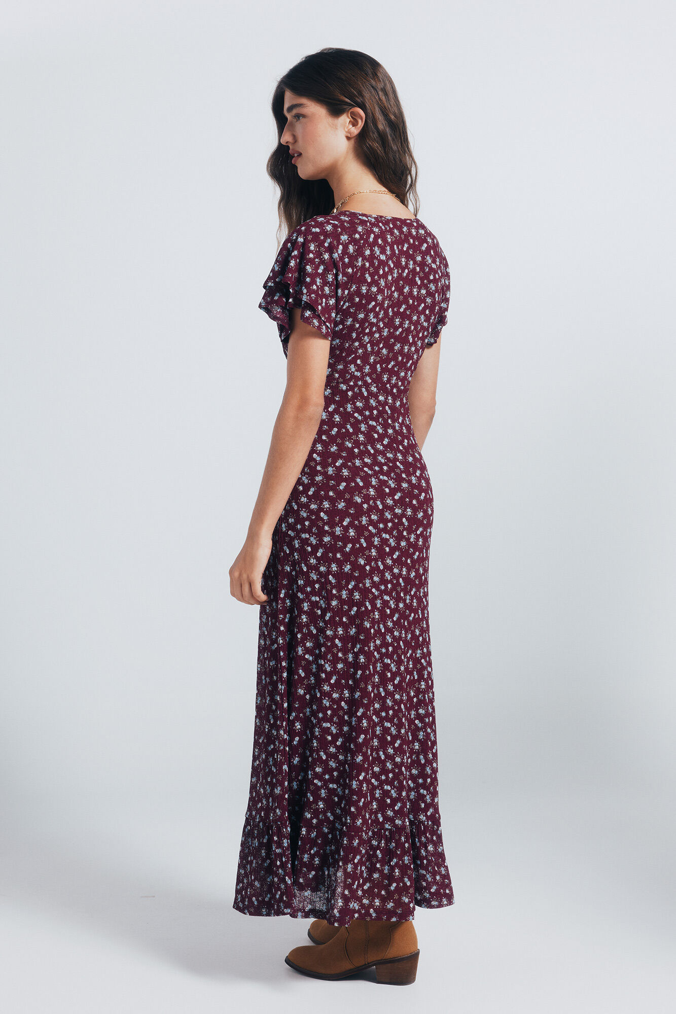 Springfield Vestido midi manga volante estampado p&uacute;rpura