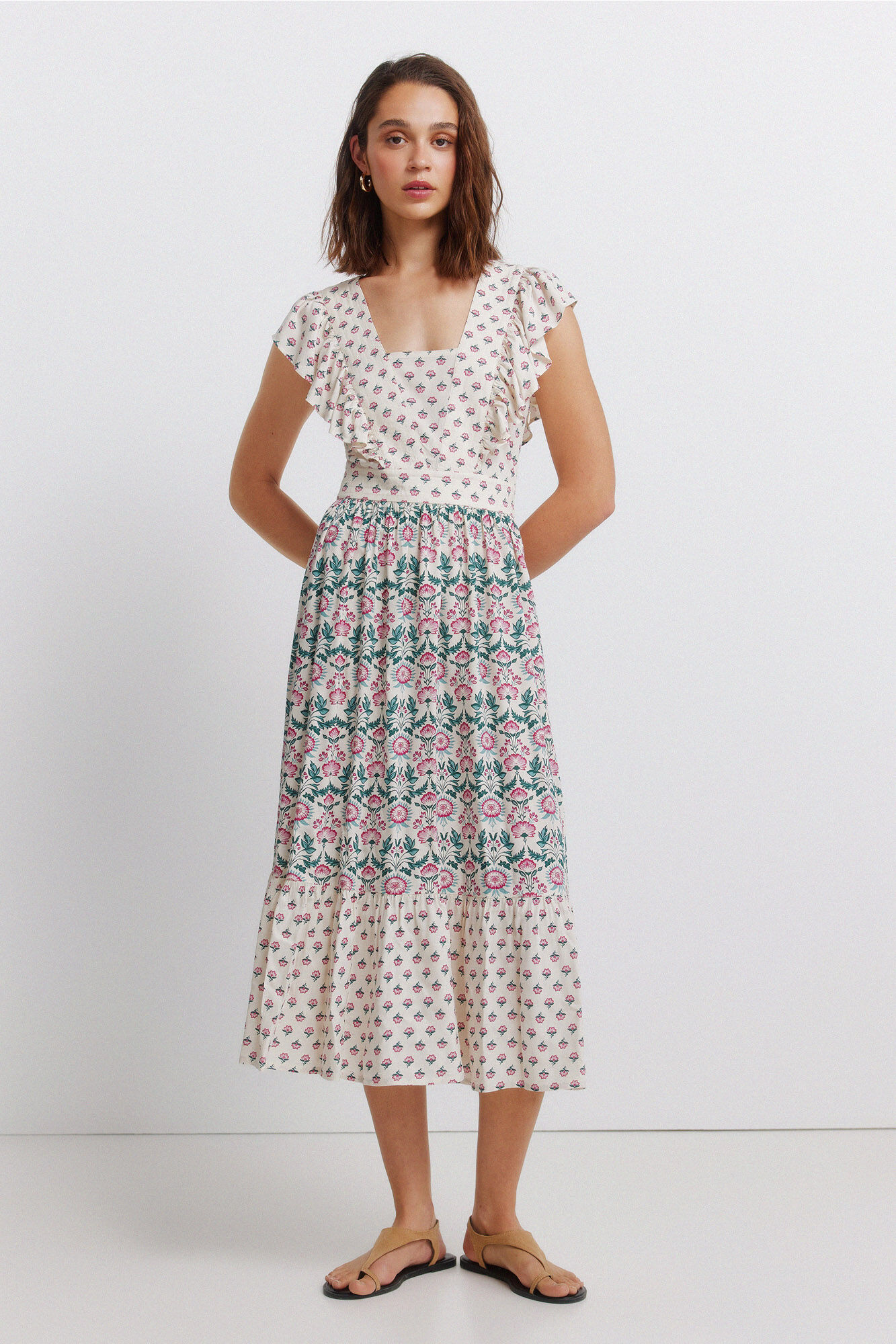 Springfield Vestido midi estampado con volantes blanco
