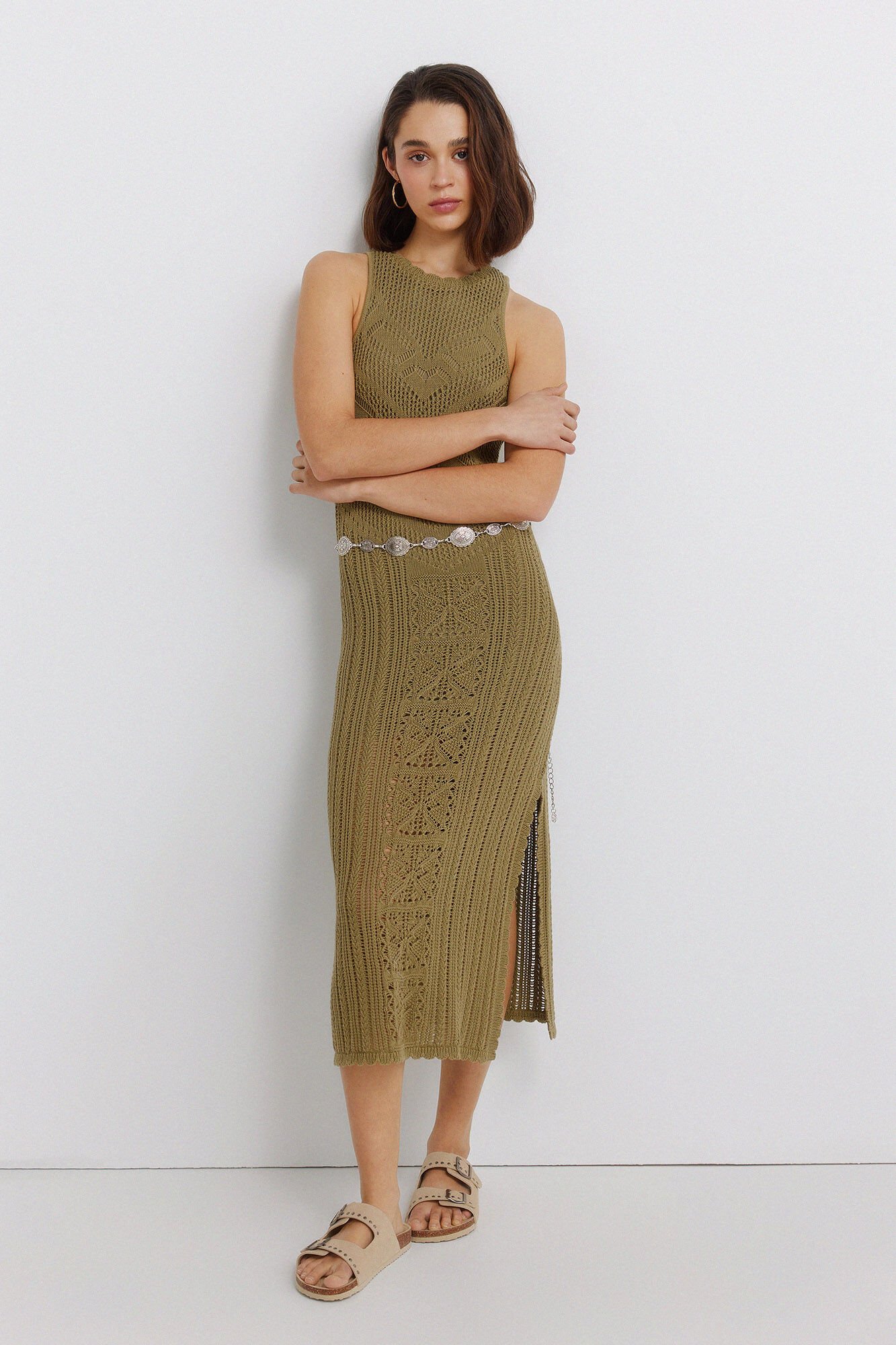 Springfield Vestido midi de punto calado kaki