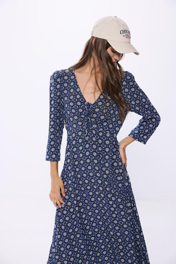 Springfield Vestido midi nudo escote estampado azul