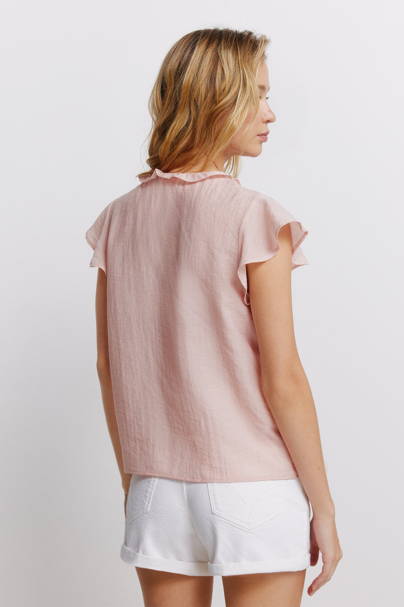 Springfield Blusa con volante de encaje rosa