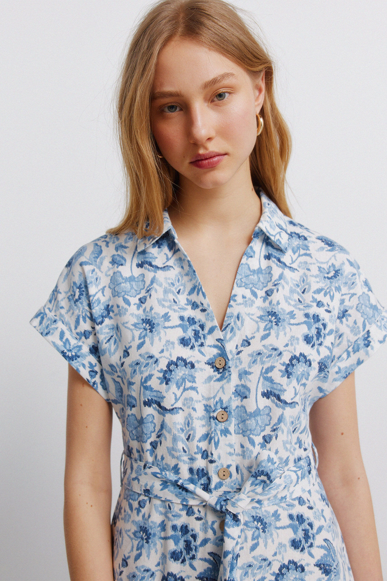 Springfield Vestido camisero de lino estampado