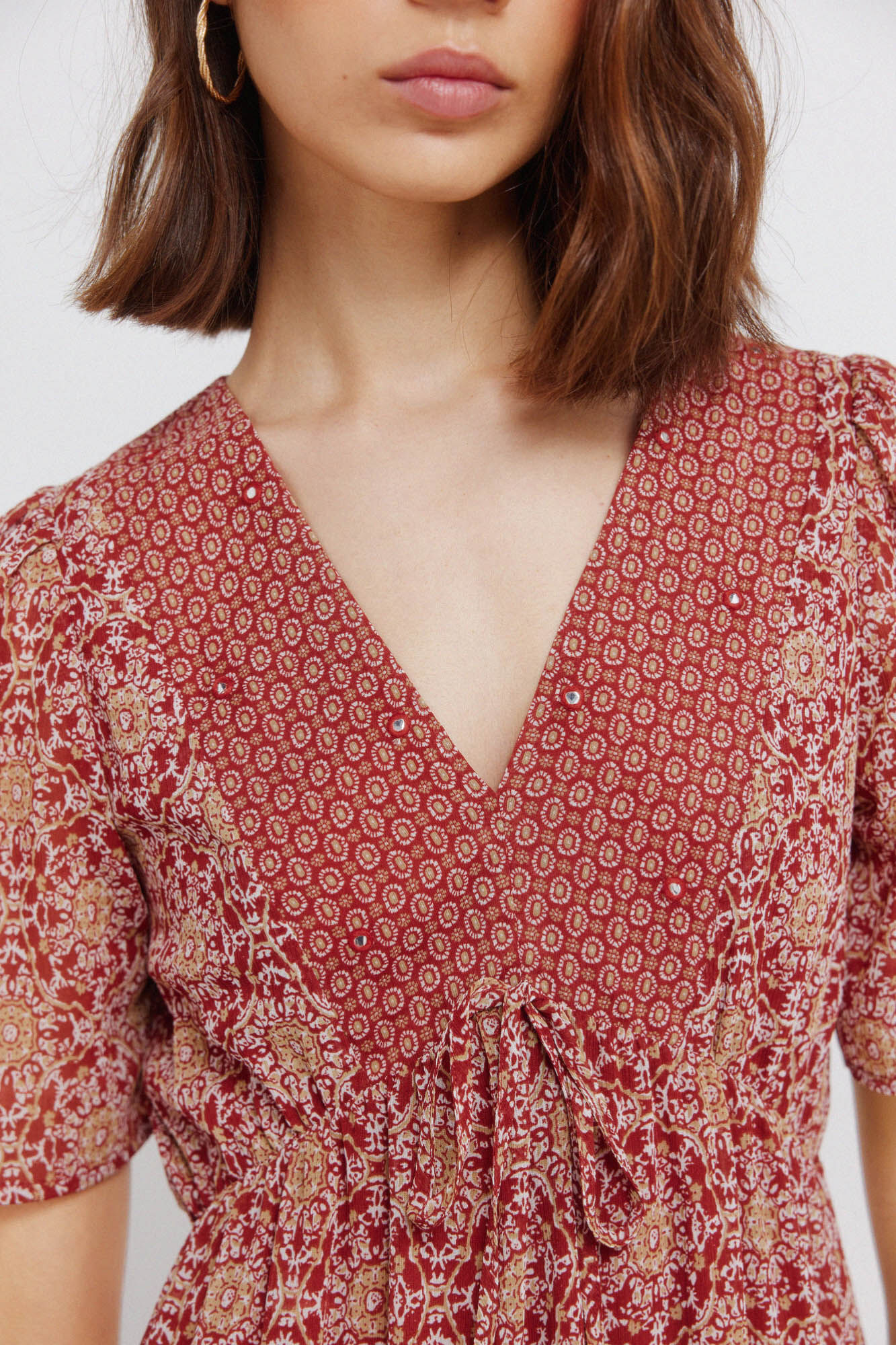 Springfield Vestido midi con estampado cenefa en el escote coral
