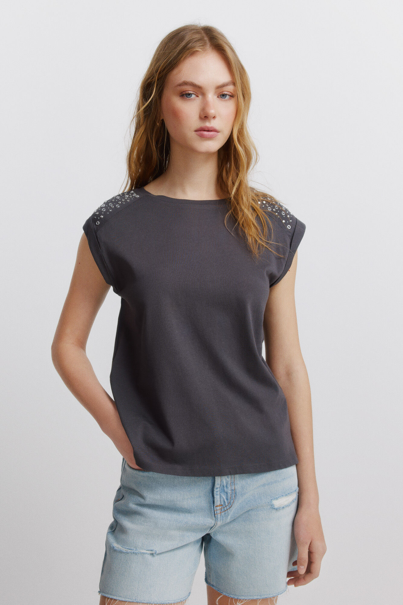 Springfield Playera de manga doblada gris