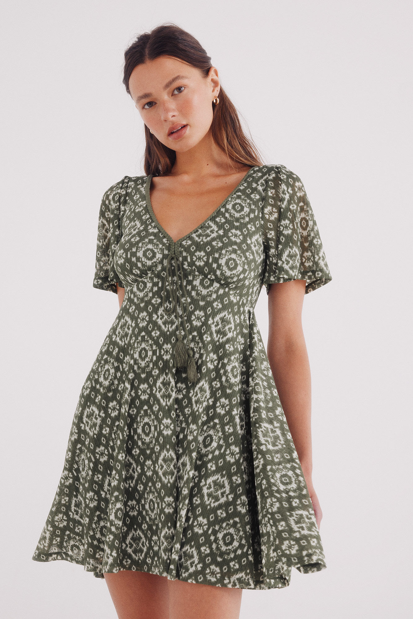 Springfield Vestido corto manga capa estampado verde