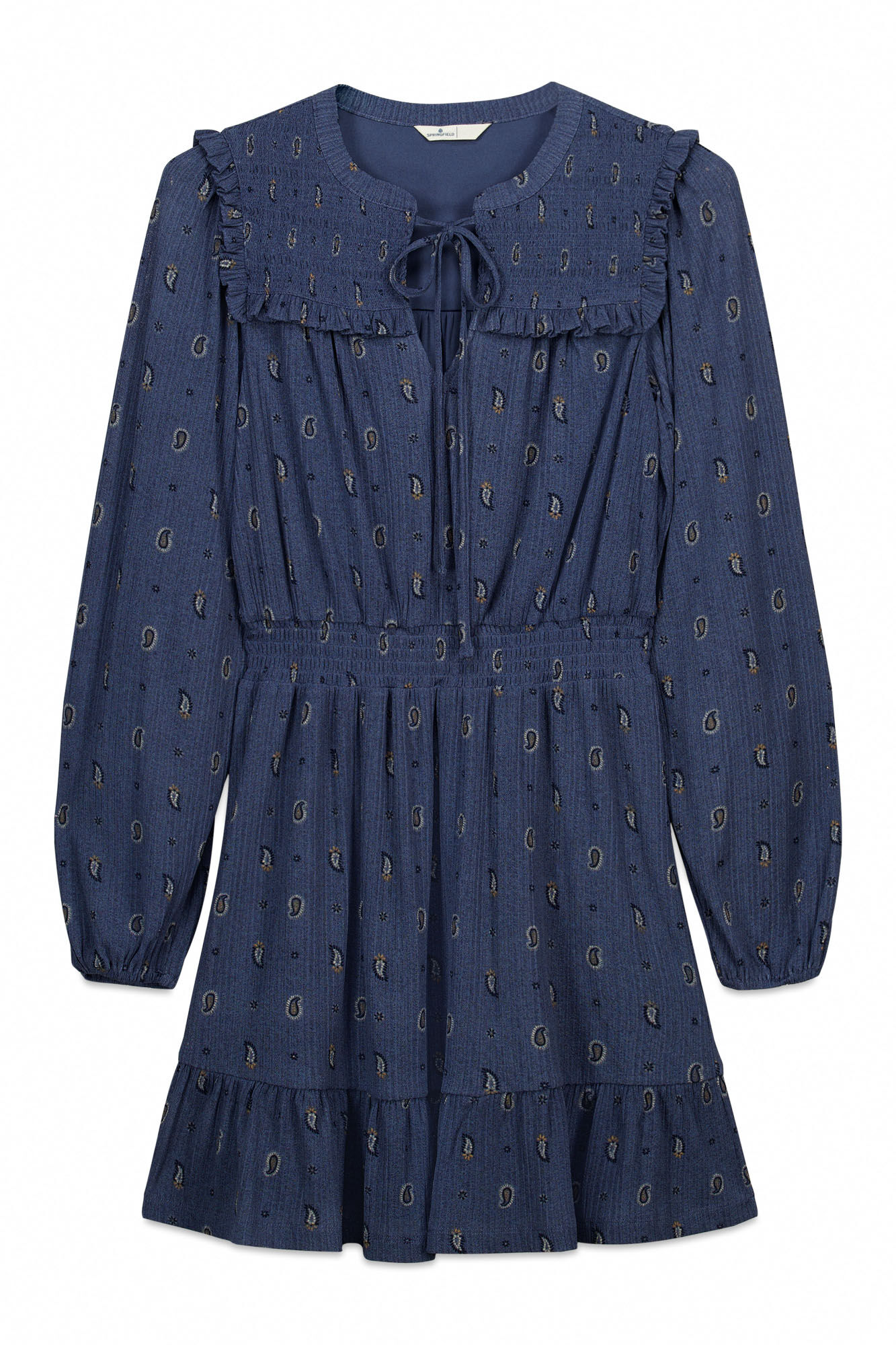 Springfield Vestido corto de manga larga volantes azul indigo