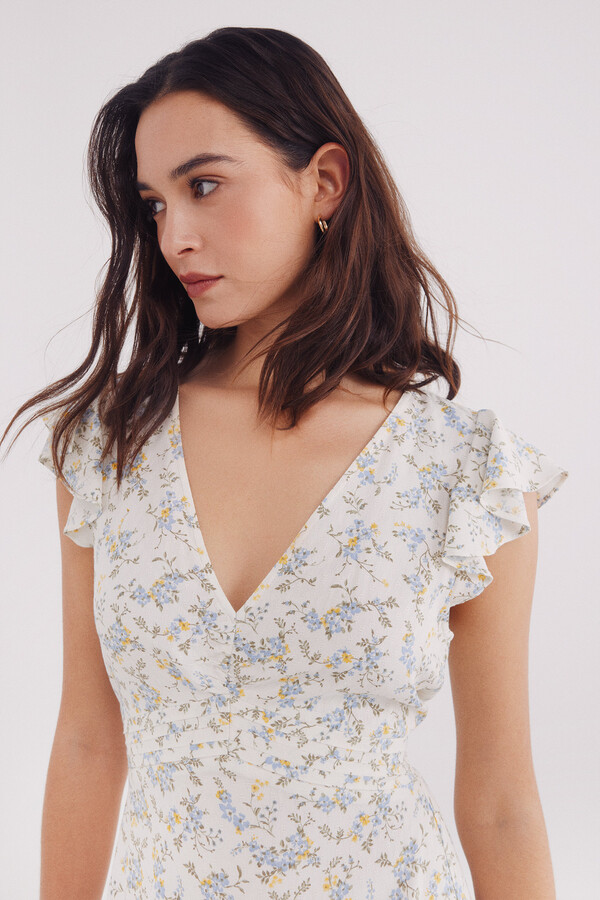 Springfield Vestido midi escote frunces estampado  café