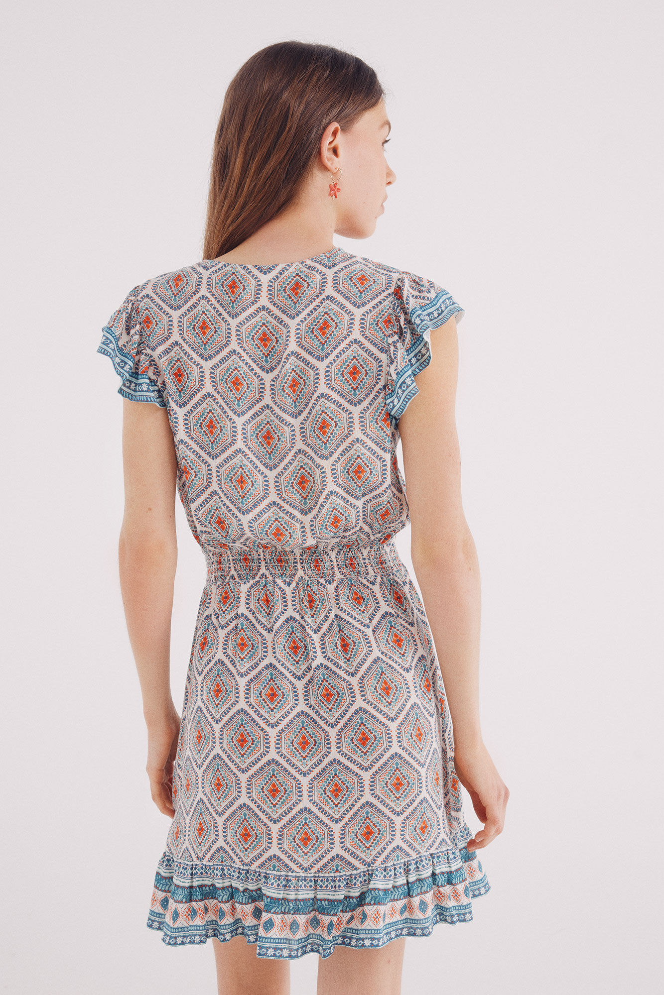 Springfield Vestido corto con cintura el&aacute;stica y estampado. marfil