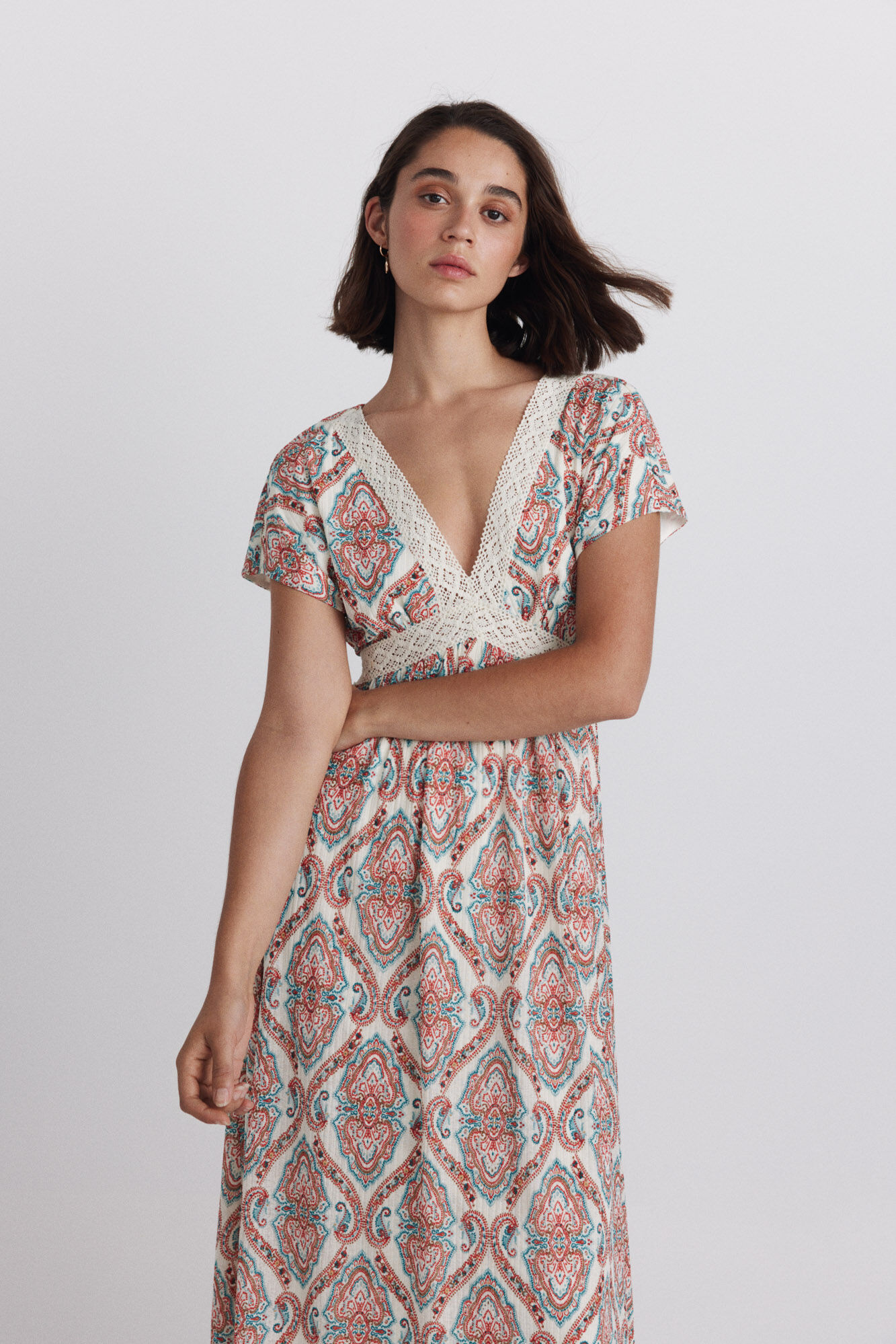 Springfield Vestido midi de manga corta con estampado cenefa