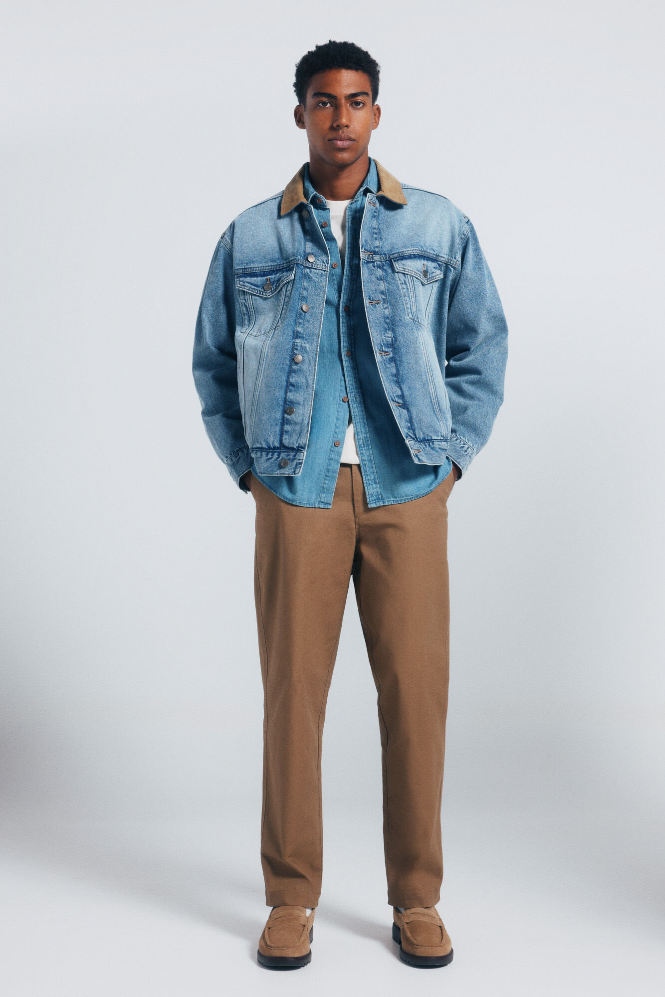 Springfield Chamarra denim oversize cuello contraste turquesa