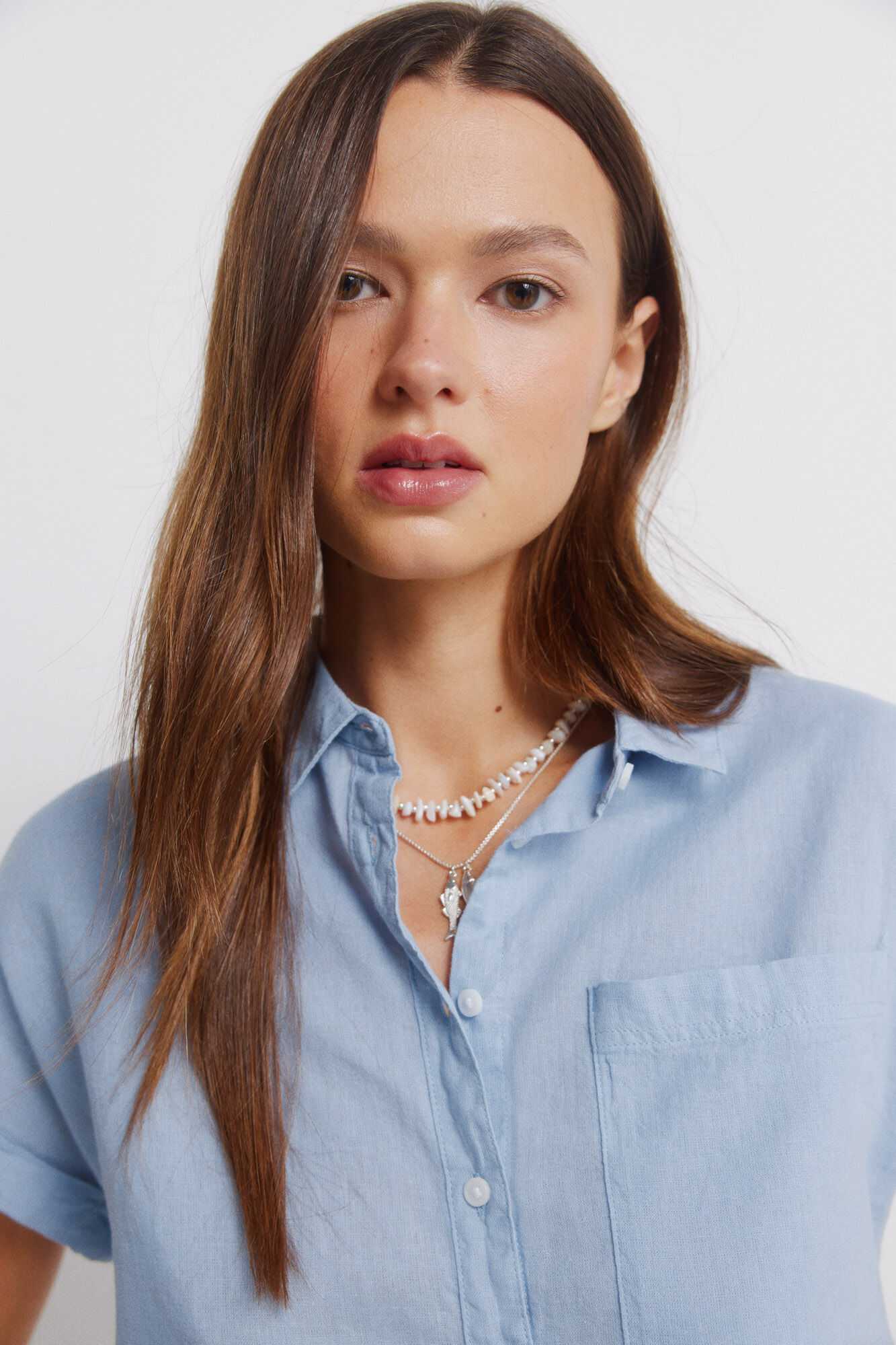 Springfield Camisa de manga corta de lino azul