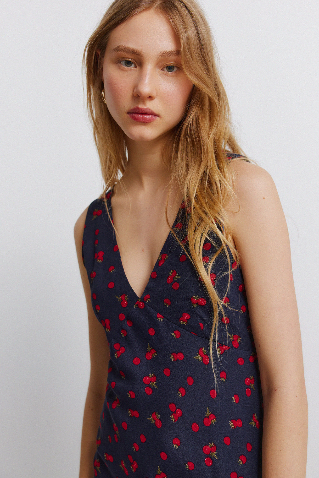 Springfield Vestido midi de tirantes con estampado de frutas azul