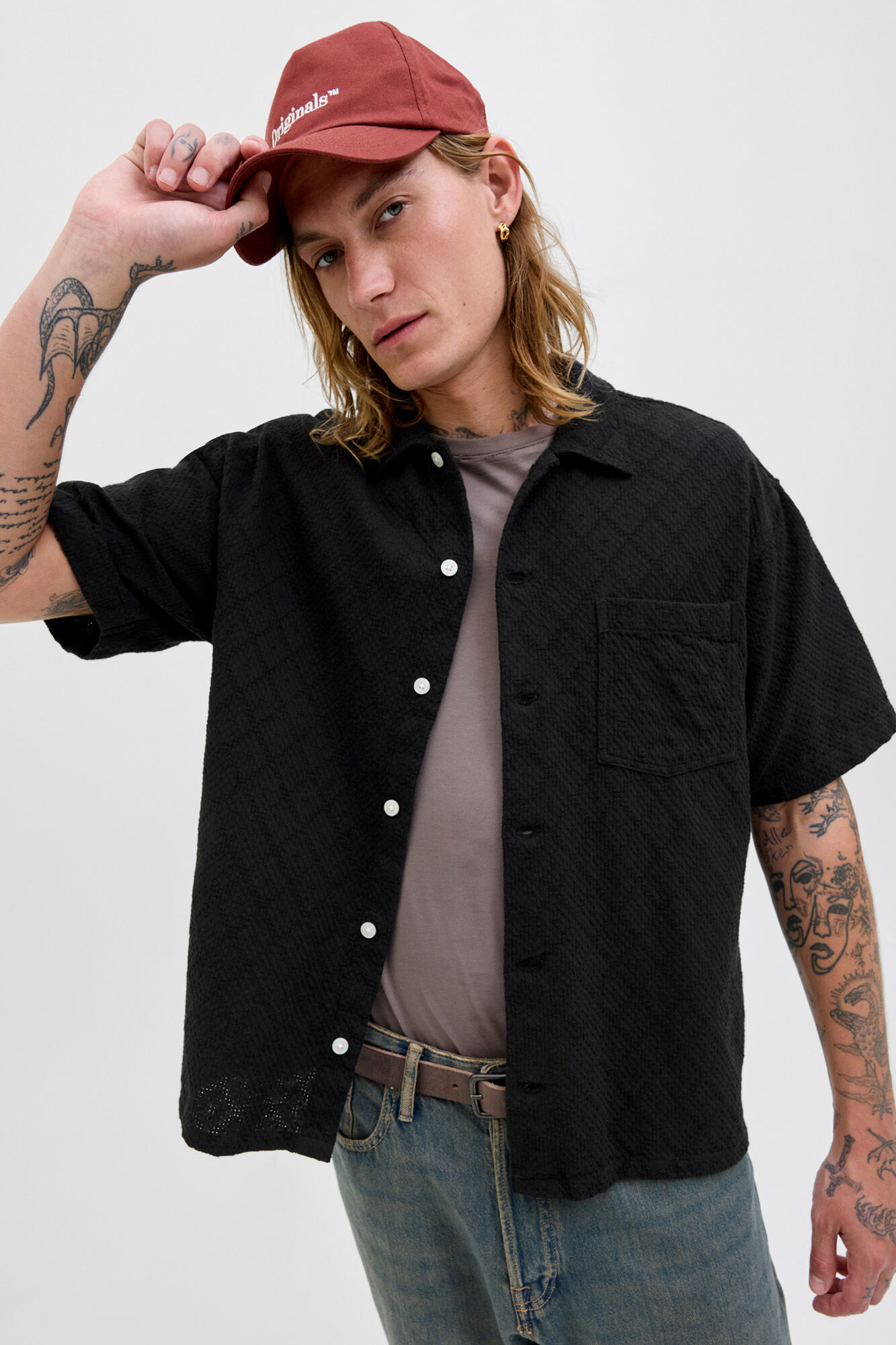 Jack & Jones Camisa de hombre de manga corta con textura negro
