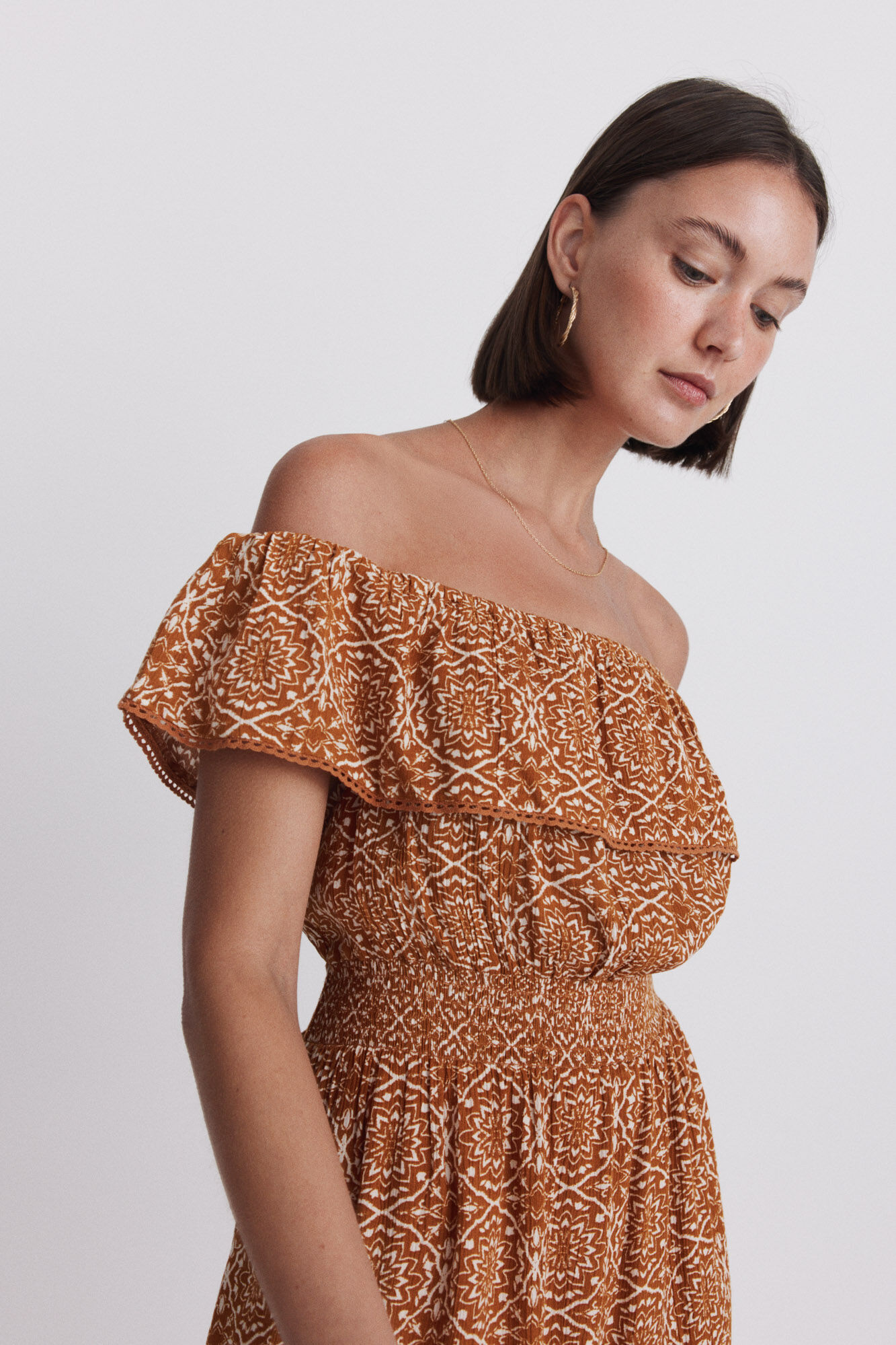 Springfield Vestido palabra de honor estampado naranja