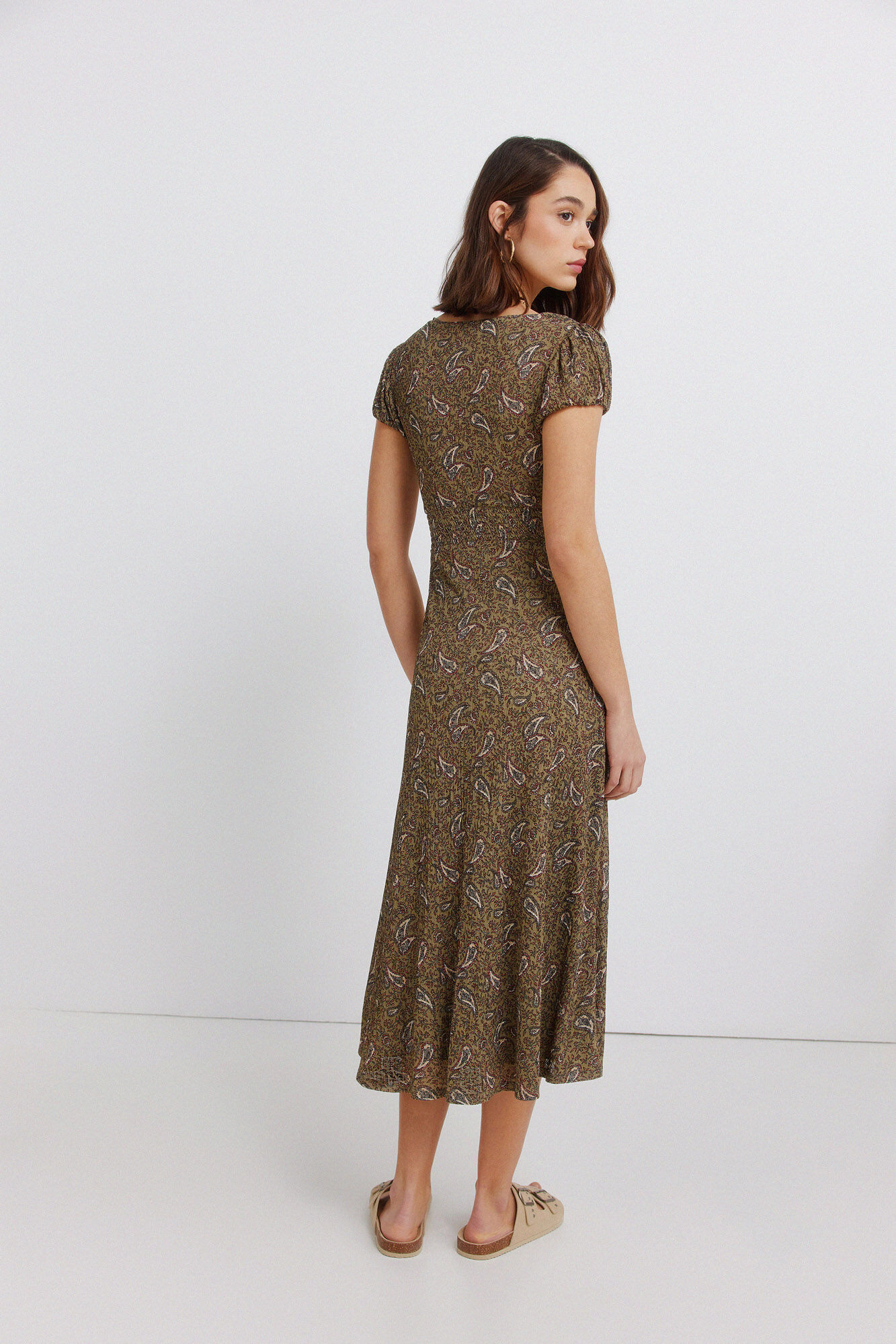 Springfield Vestido midi estampado cenefa kaki