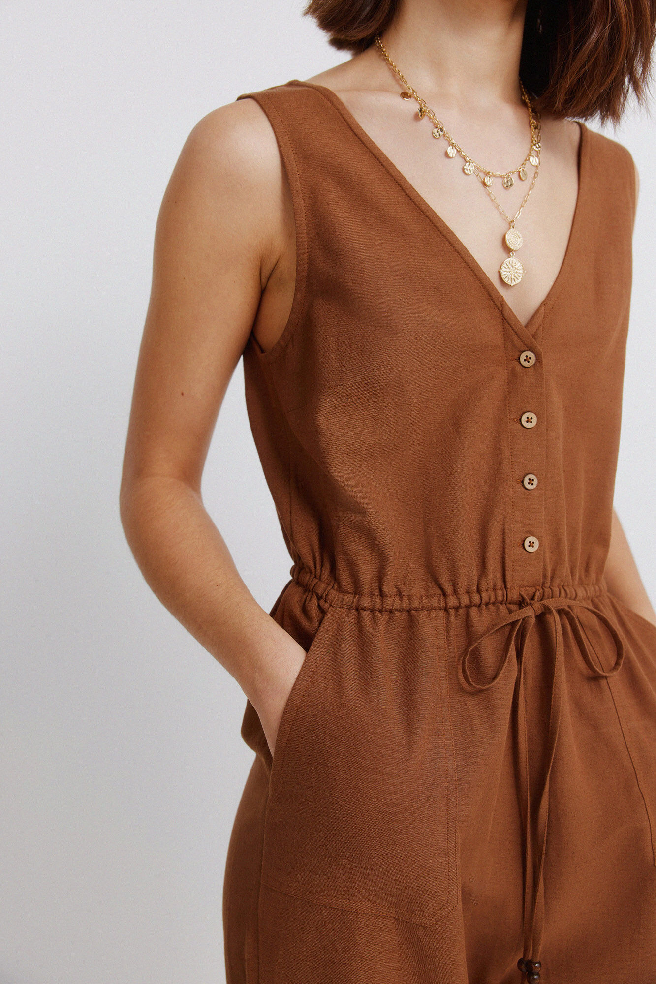 Springfield Jumpsuit sin mangas estampado de lino caf&eacute;