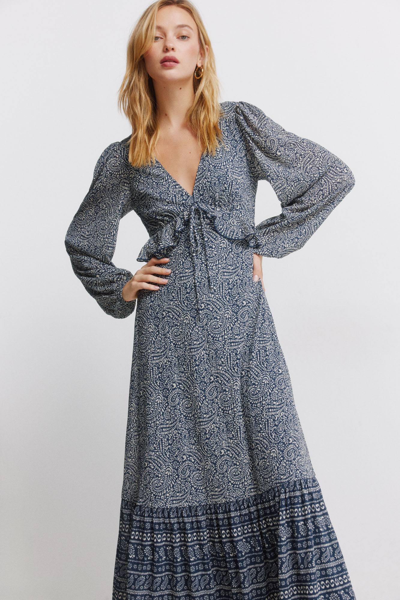 Springfield Vestido midi con volante en la cintura azulado