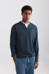 Springfield Playera manga larga cuello redondo con botones doble cuello azul