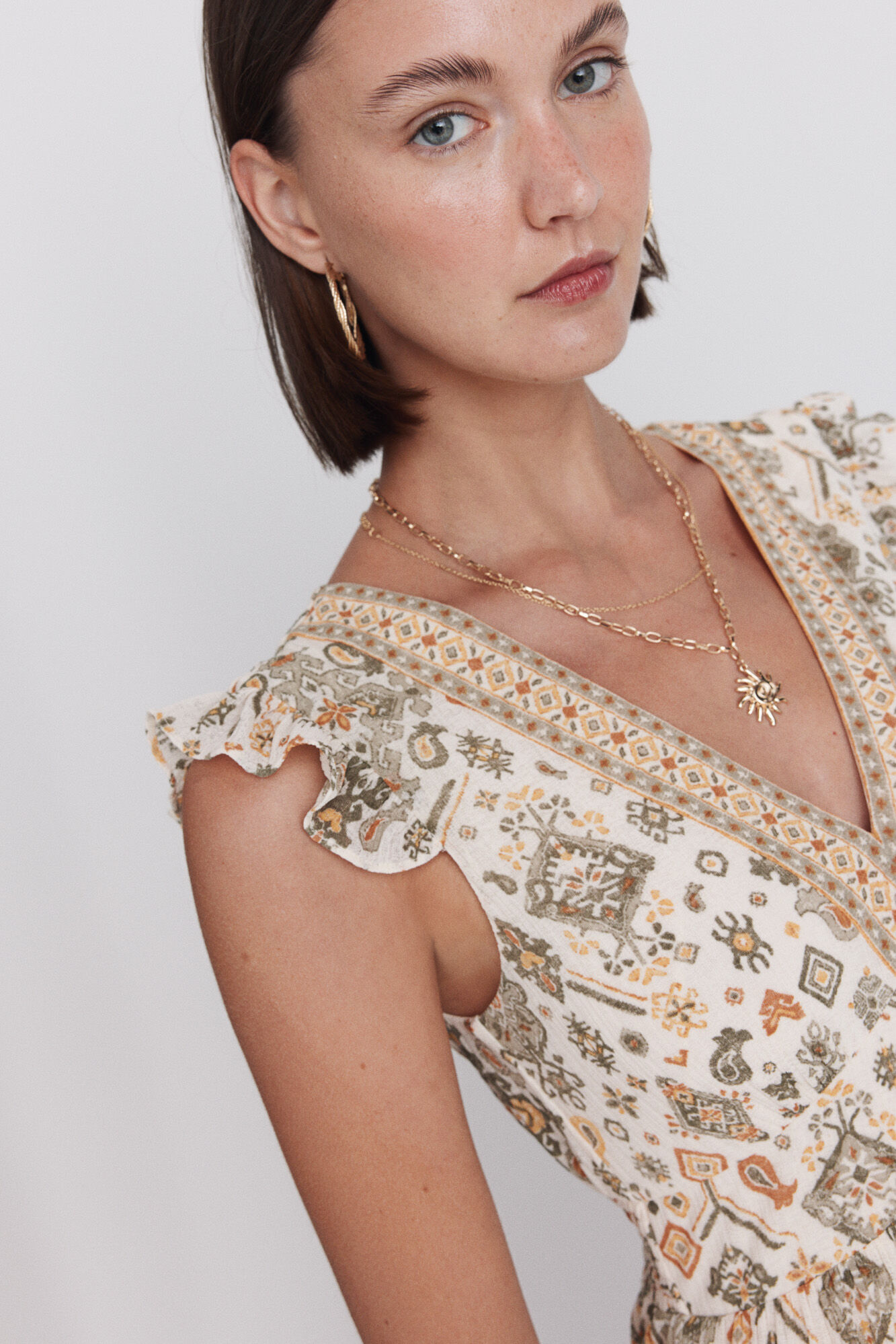 Springfield Vestido midi estampado cenefa beige