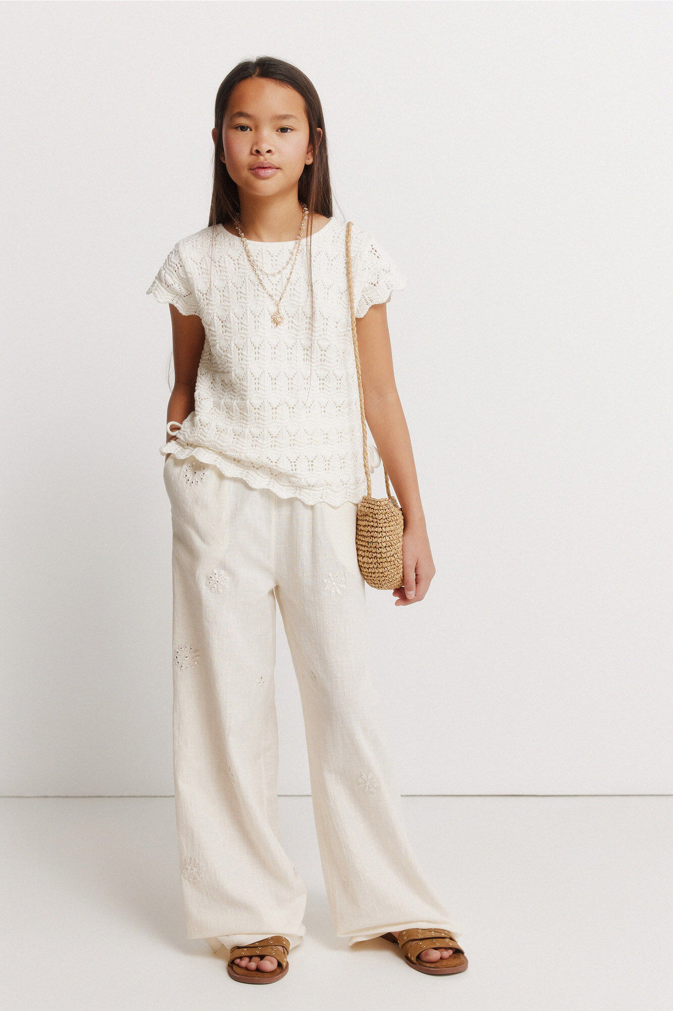 Springfield Kids Pantal&oacute;n fluido con bordados para ni&ntilde;a caf&eacute;