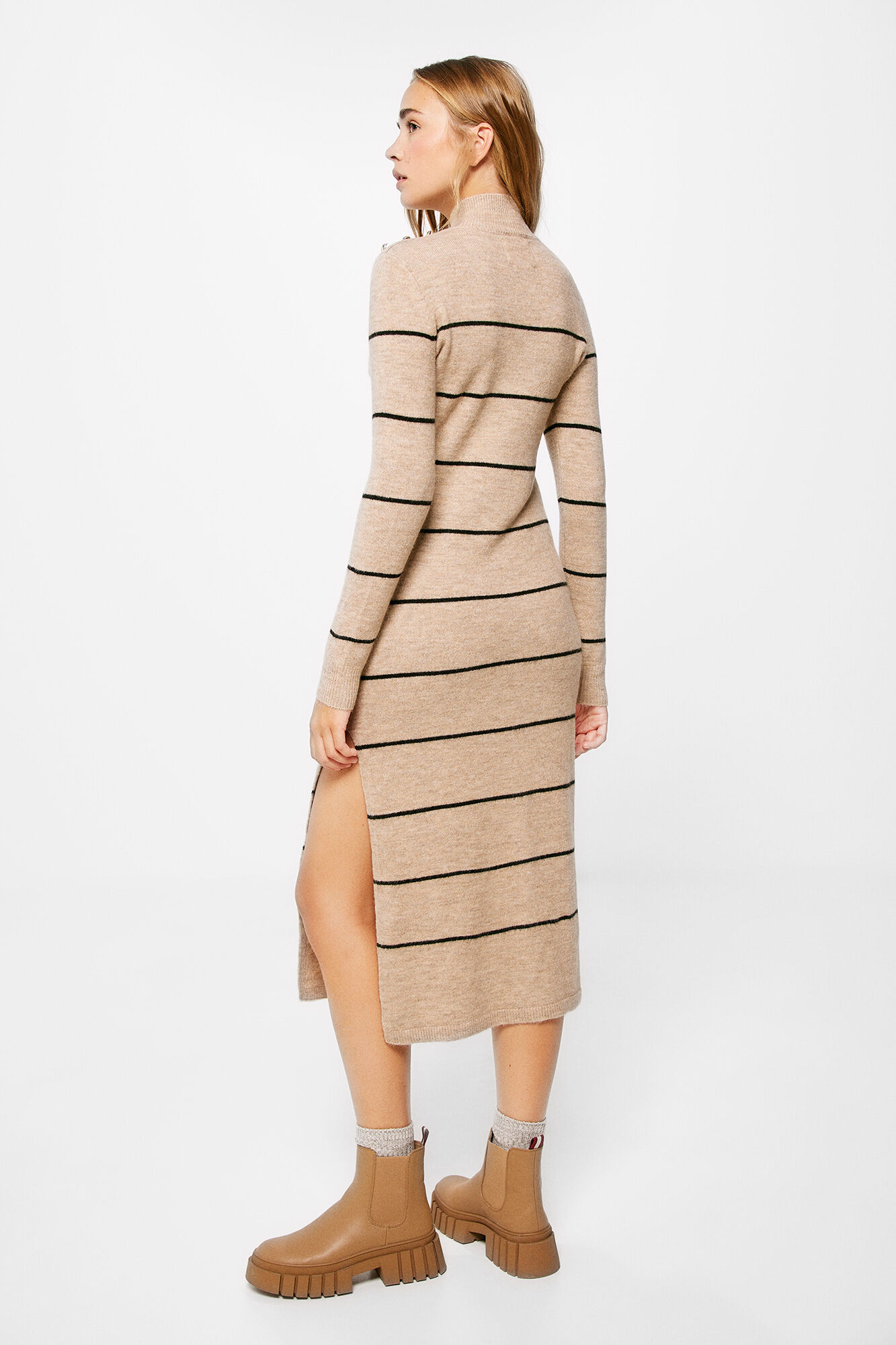 Springfield Vestido Midi Punto Rayas beige