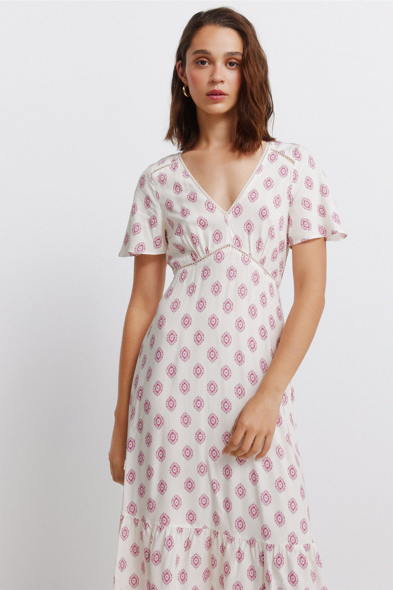Springfield Vestido midi de encaje de manga corta blanco