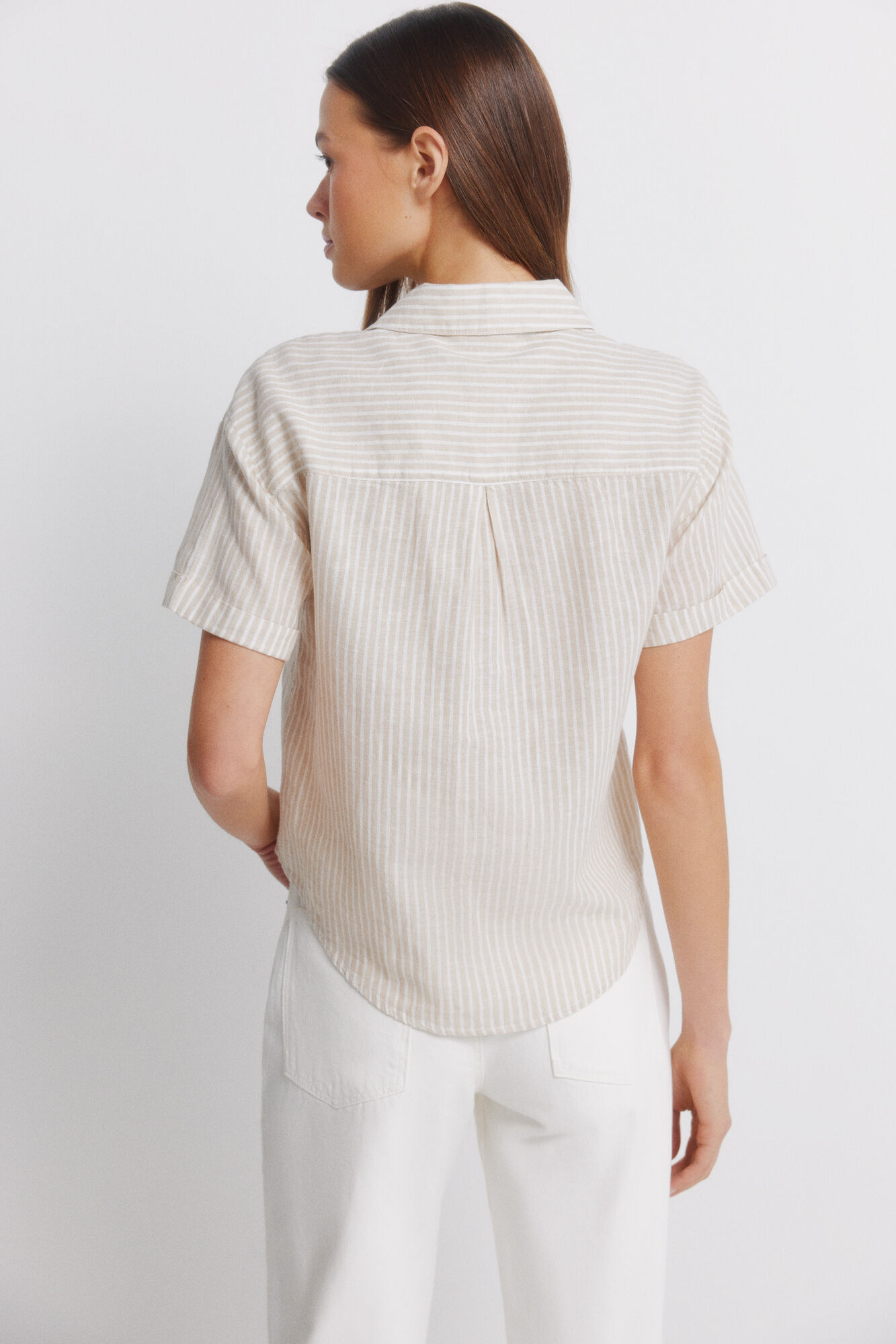 Springfield Camisa de lino de manga corta beige