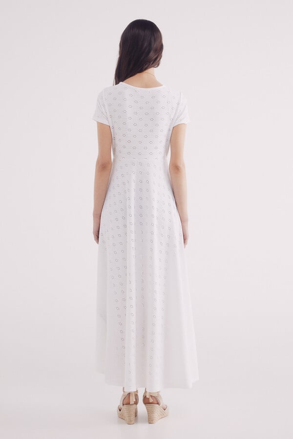 Springfield Vestido midi blanco bordado suizo natural