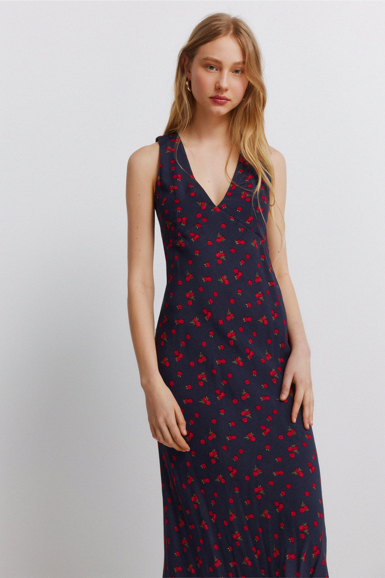 Springfield Vestido midi de tirantes con estampado de frutas azul