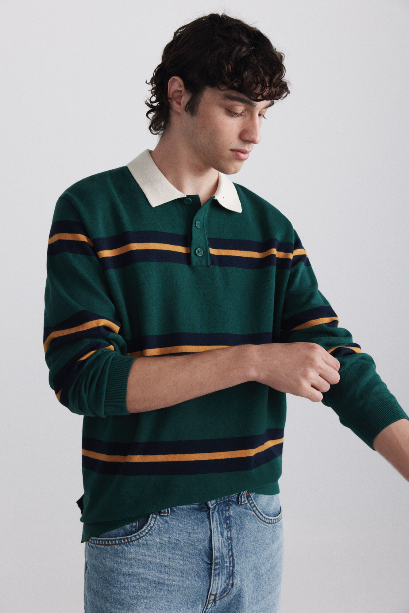 Springfield Polo manga larga de tejido rugby a rayas verde