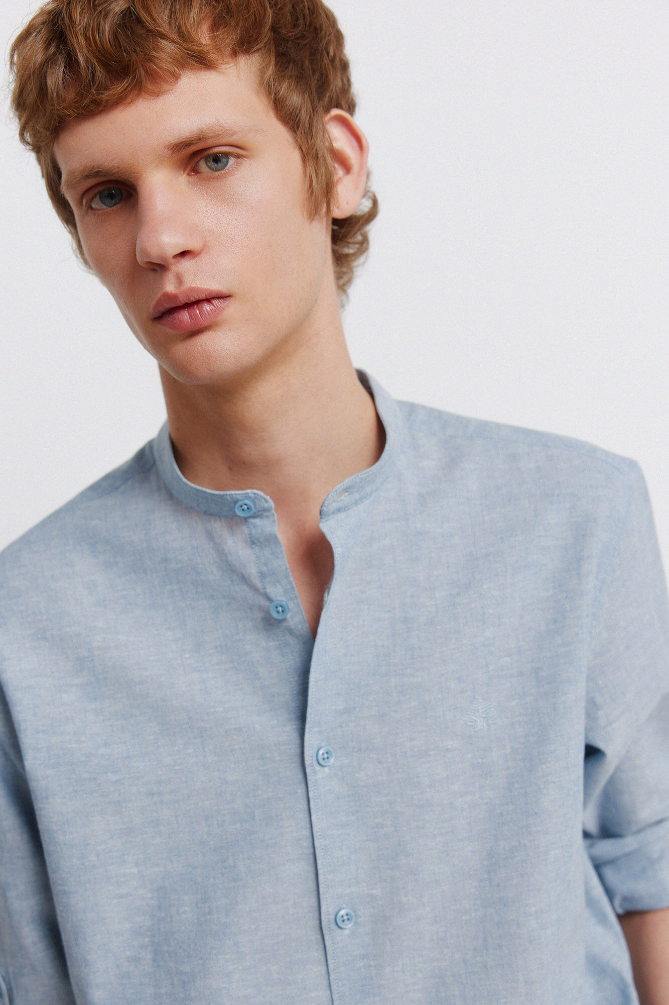 Springfield Camisa de lino cuello mao azul