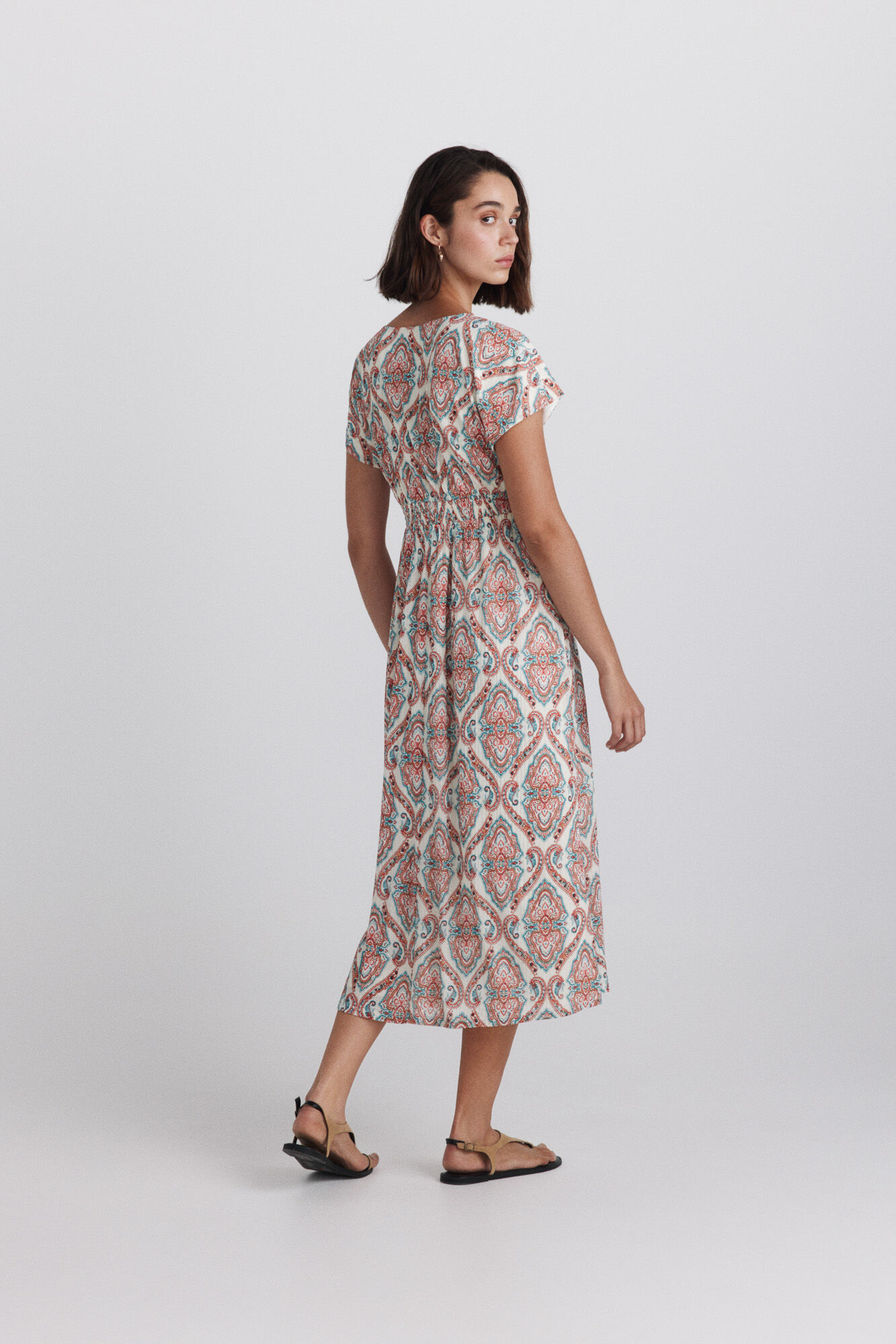 Springfield Vestido midi cuello pico estampado cenefa marfil
