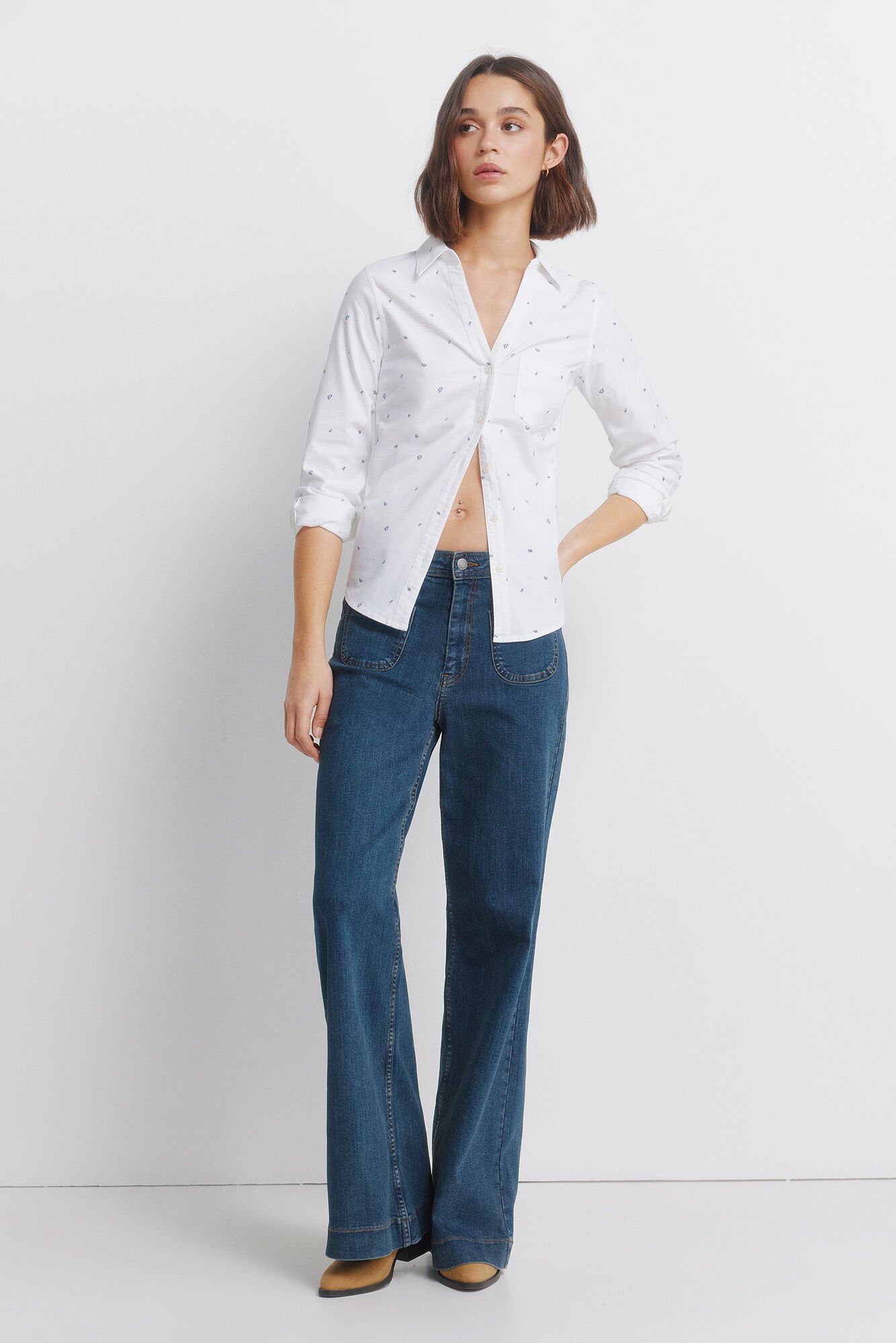 Springfield Camisa de algod&oacute;n Oxford con escote en PICO azul indigo