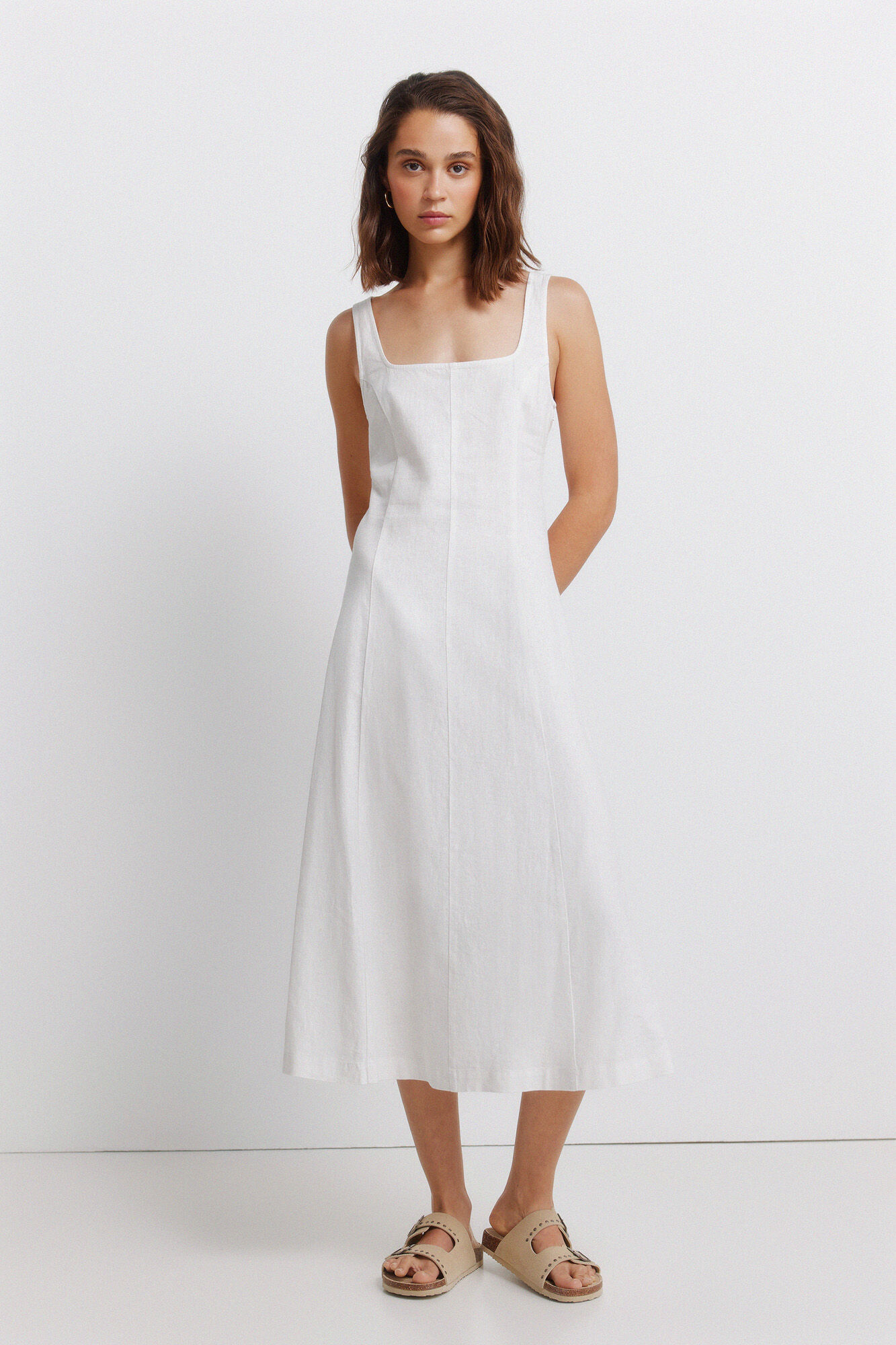 Springfield Vestido de lino con escote cuadrado